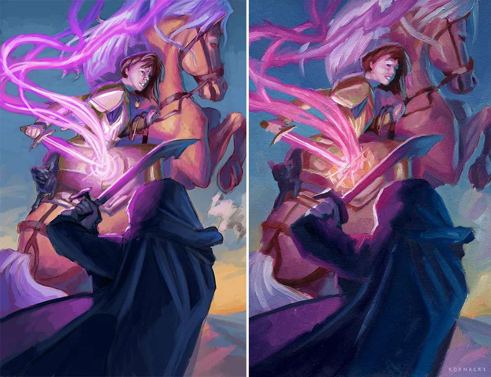 Left: Digital color study. Right: Small 7” oil color study