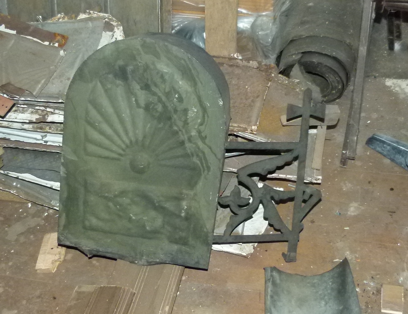 Front view of metal object found during construction at 106 Person St. in Fayetteville