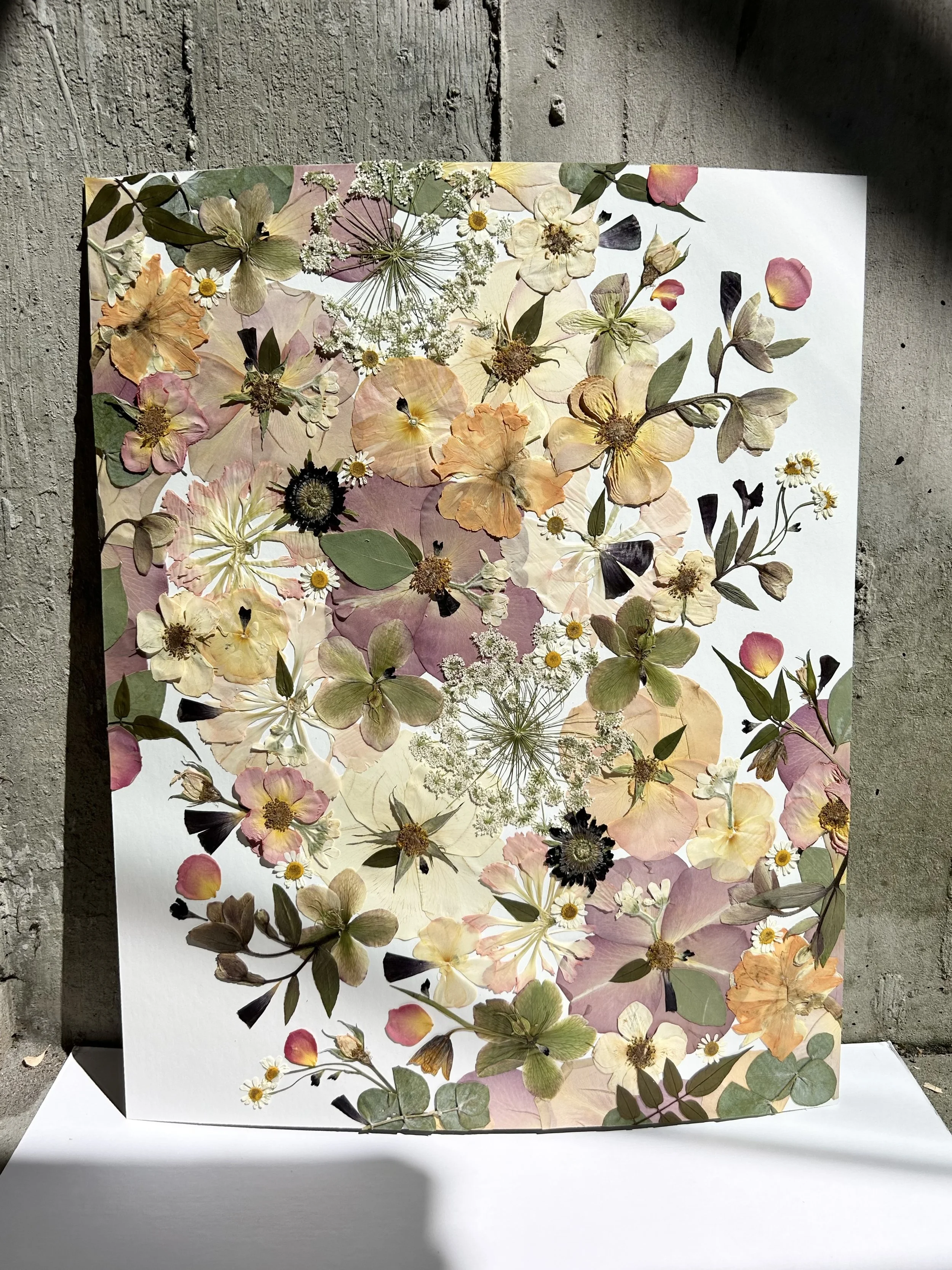 18x20 pressed flower art made with a wedding bouquet