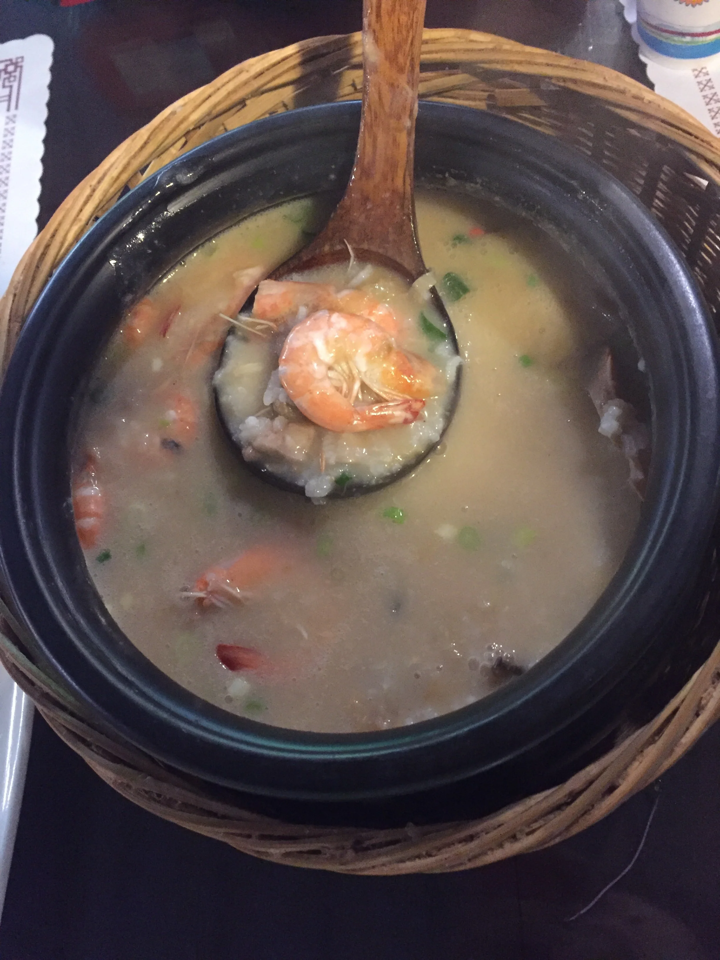 Seasonal Red Crab and seafood porridge. MUST ORDER! The seafood porridge is slowly cooked in claypot and filled with generous helpings of red crab, shrimp, and mushrooms. 