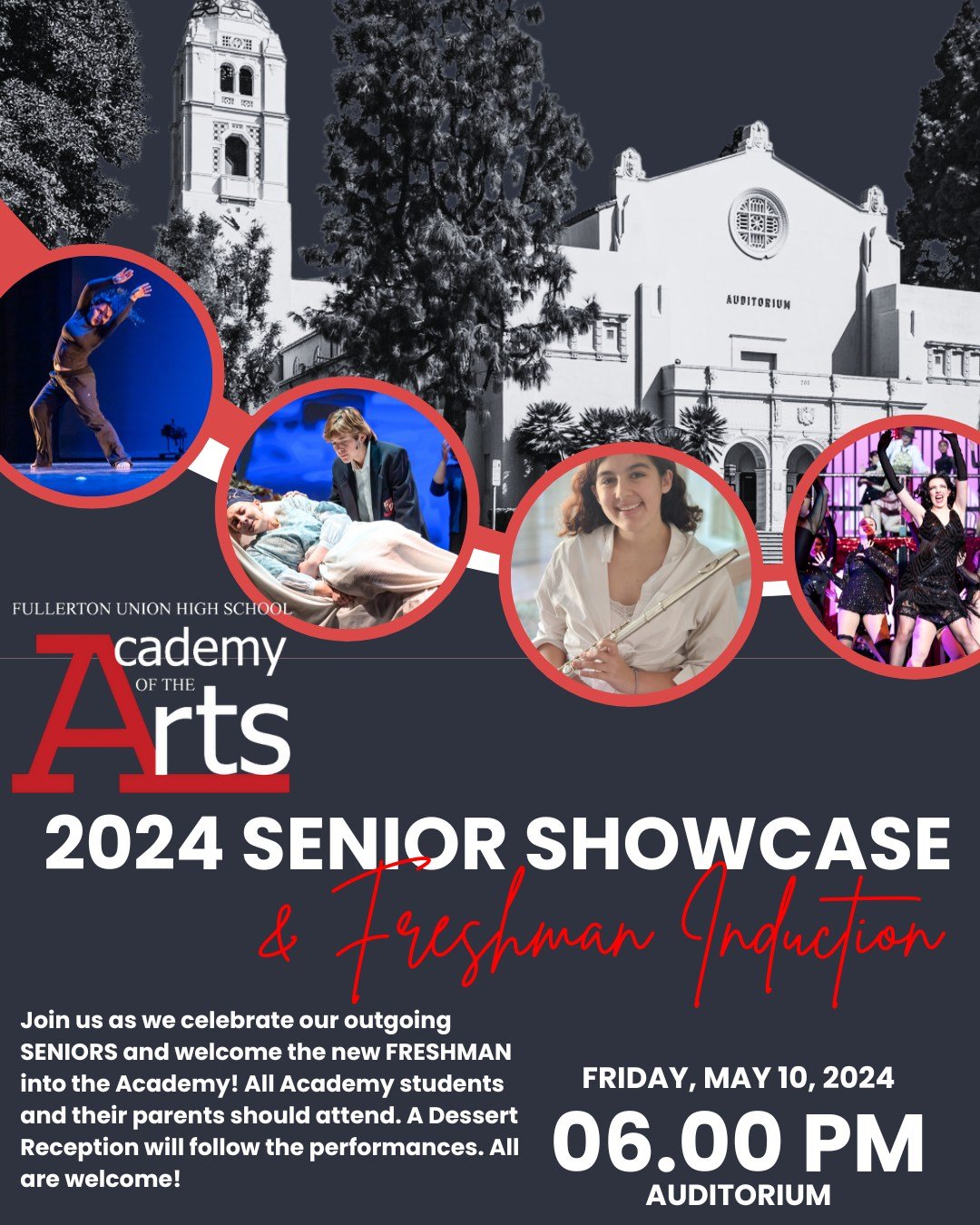 Academy of the Arts Senior Showcase and New Member Induction!

Join us as we celebrate our outgoing SENIORS and welcome the new FRESHMAN into the Academy! All Academy students and their parents should attend. A Dessert Reception will follow the perfo