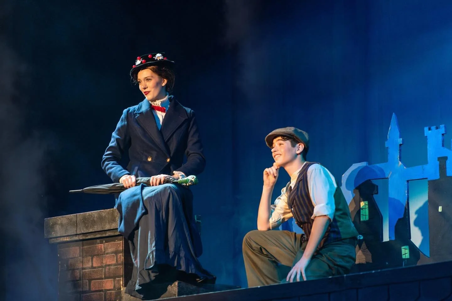 Join us tomorrow on the rooftops of London for Opening Night of Fullerton Theatre&rsquo;s production of Mary Poppins!! ✨

Pictured: Zoe McLaughlin as Mary Poppins, Jacob Thompson as Bert. 📸: @sedwardsphoto