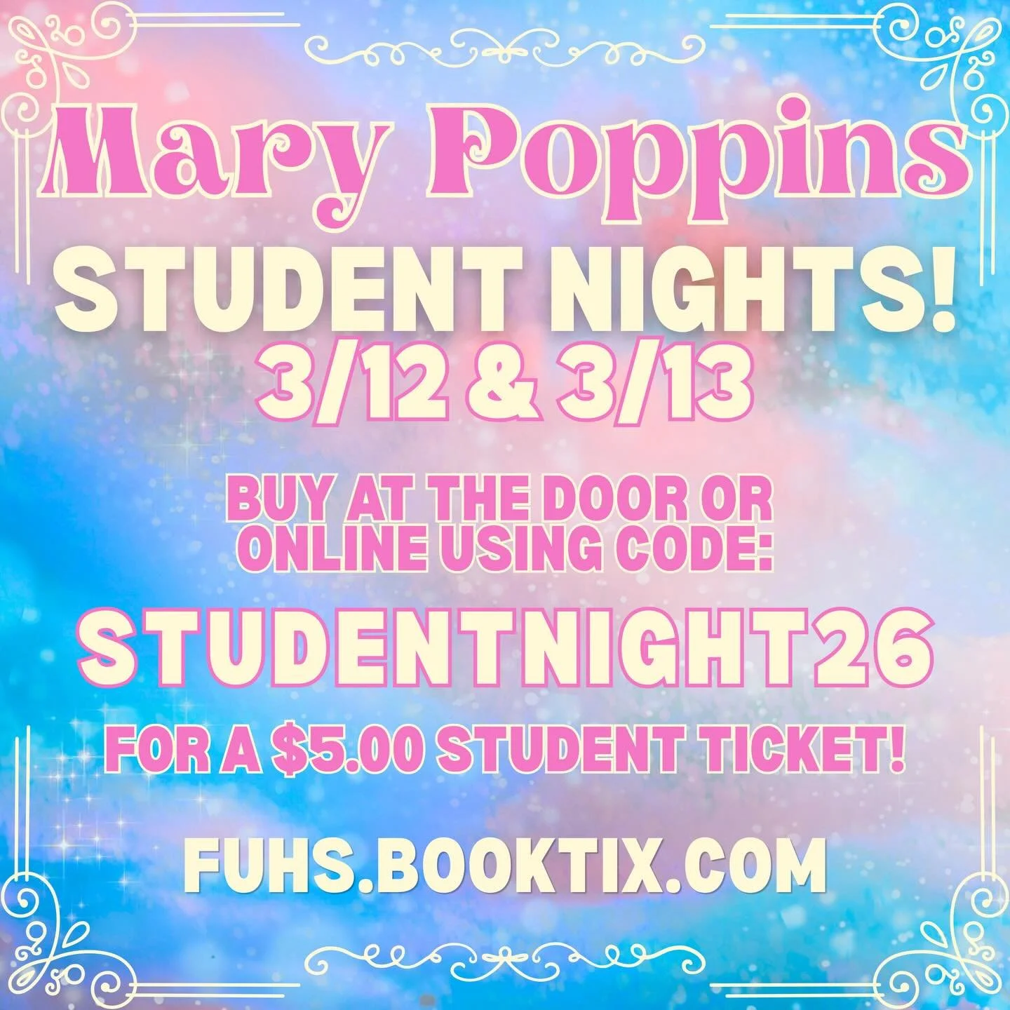 We are offering TWO student night opportunities! If you are a student, come see Mary Poppins for only $5 on 3/12 and 3/13! Use code StudentNight26 online or purchase your tickets at the door!

🎟️ Link for tickets in bio!