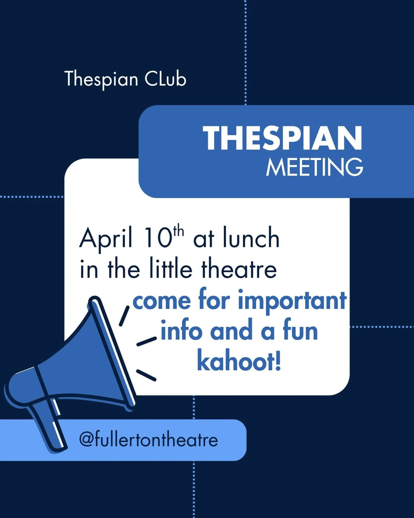 Hey thespians! We have a meeting tomorrow at lunch in the little theater! We have a very special kahoot made that we are excited to share with you all! Also, there is some important information as April and May are VERY busy months so make sure to be