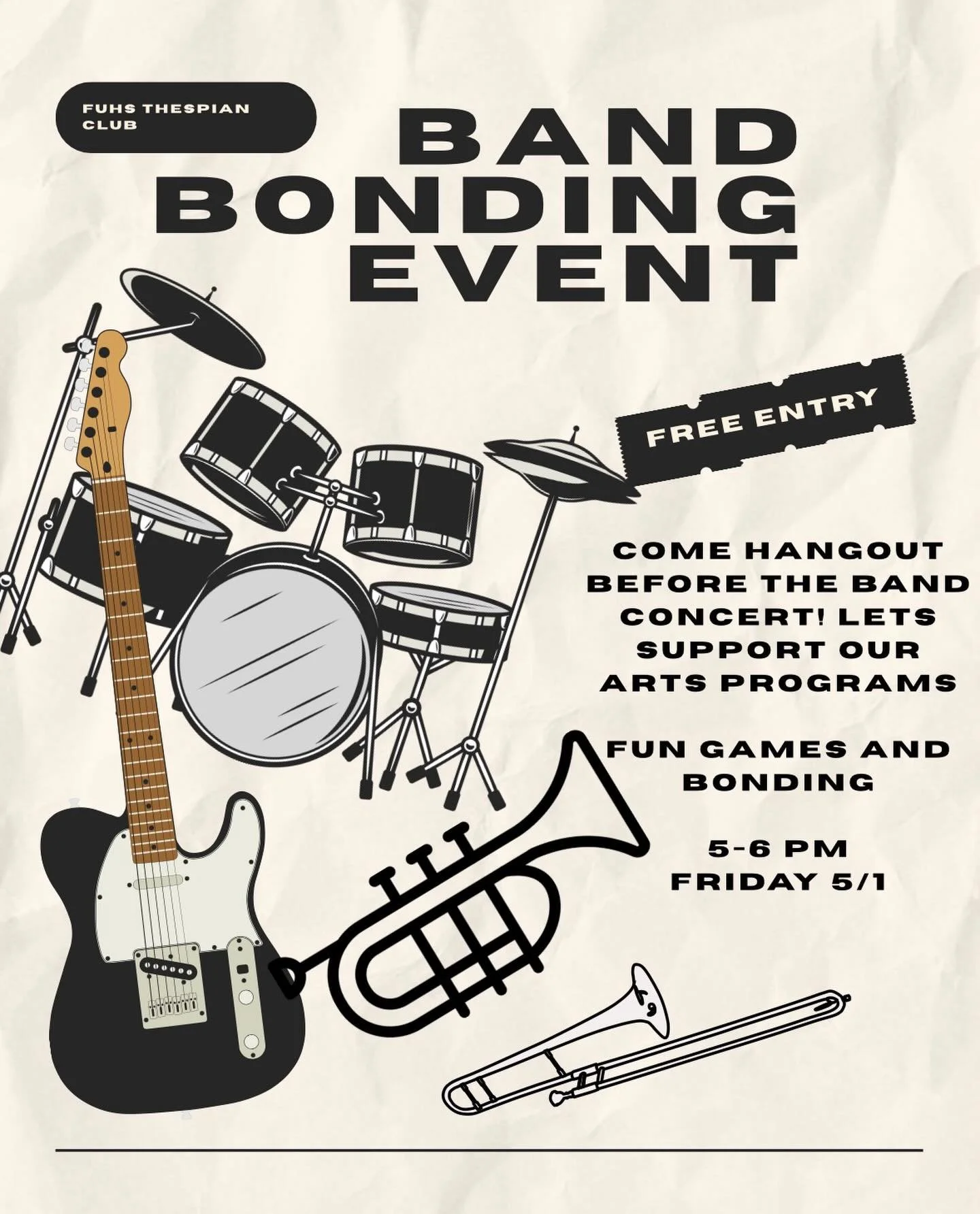 Tomorrow we have a fun bonding event planned! Come hang out 5-6 outside in the quad. We have some fun games planned and then we are going to watch the band concert to support our other arts programs! Entry is free for students, so make sure you show 