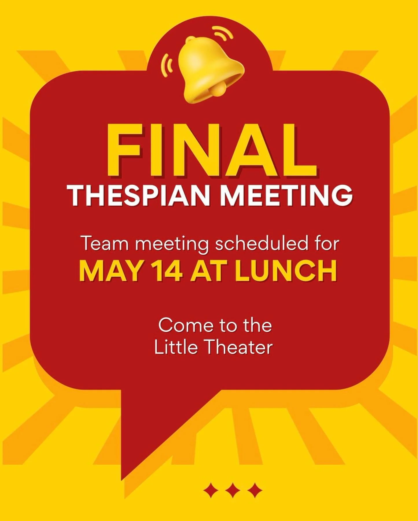 hey thespians! come to the little theater for the final meeting of the year! since tomorrow we have a cappies rehearsal for step in time, it&rsquo;s today at lunch in the little theater. we&rsquo;re excited to see you there!🙌🙌🙌