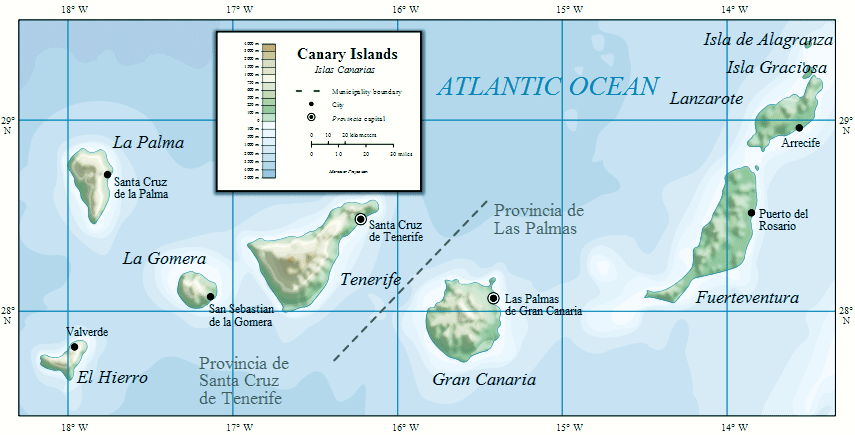 Map of Las Canarias – the Canary Islands. The archipelago is less than 1000 km from the coast of Morocco and the Western Sahara. ( Source marked for reuse.)