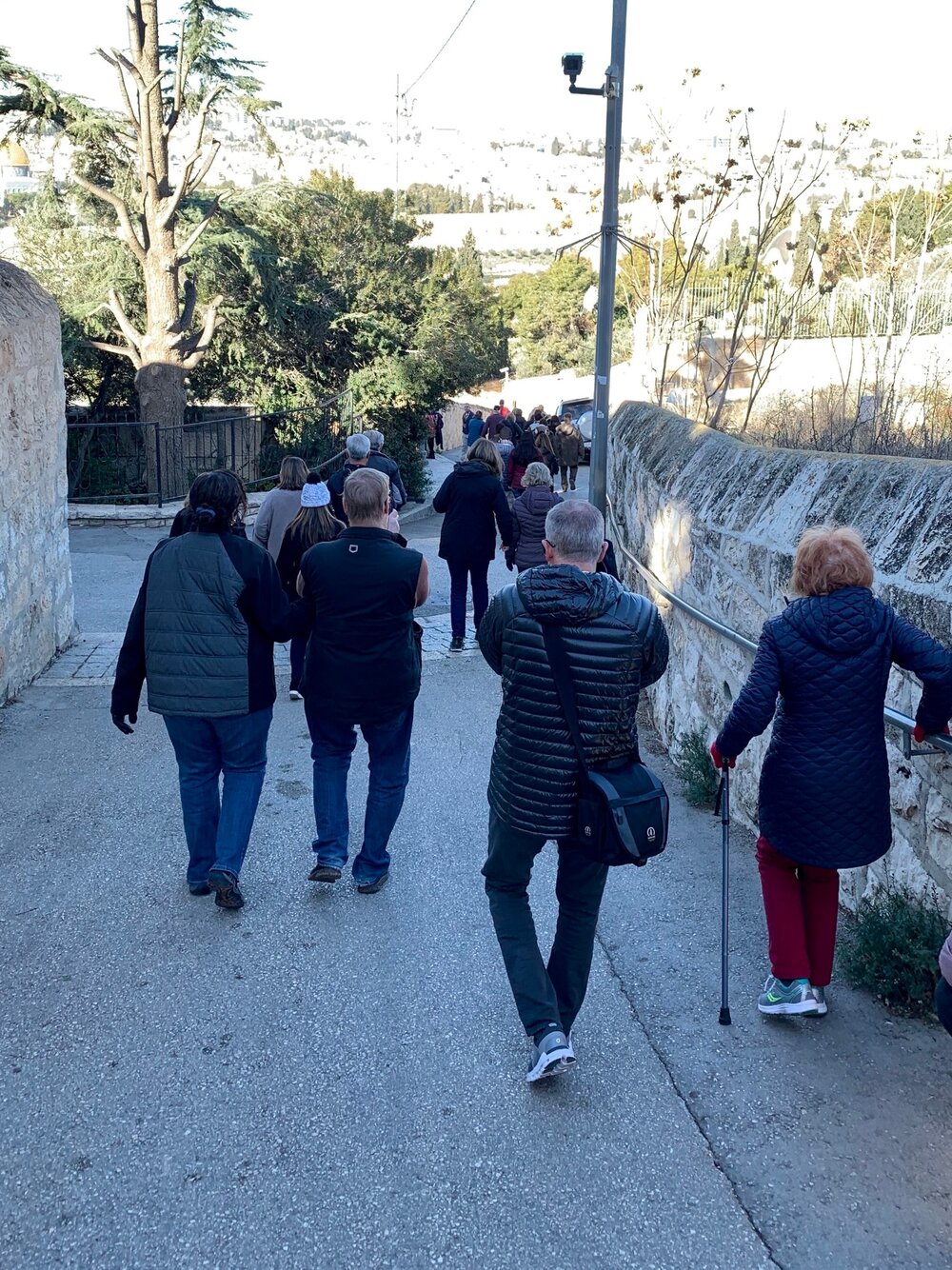 I took this shot shortly after we began descending toward the valley on the Palm Sunday route. That’s Diane with her cain holding the railing that soon disappeared as we made the descent.