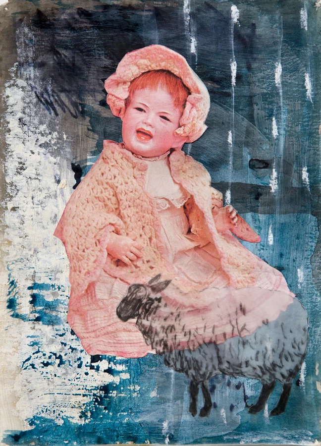 Sheepish ©2014 Acrylic, India Ink and Collage on Paper 7" x 5"