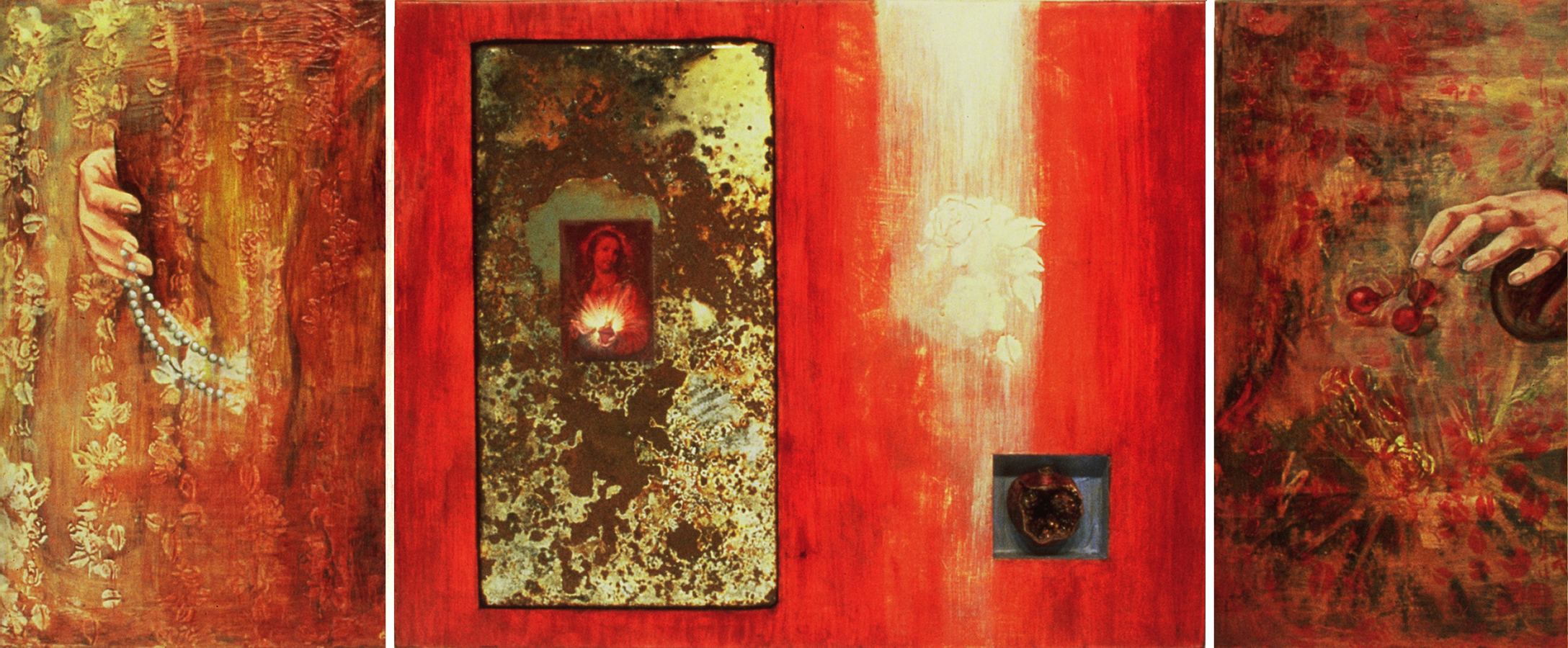   Sins and Gifts of the Virgin Mother  ©1993 Mixed Media on Wood Panel 24" x 60 " Collection of Rene Kock, Point Arena, CA  