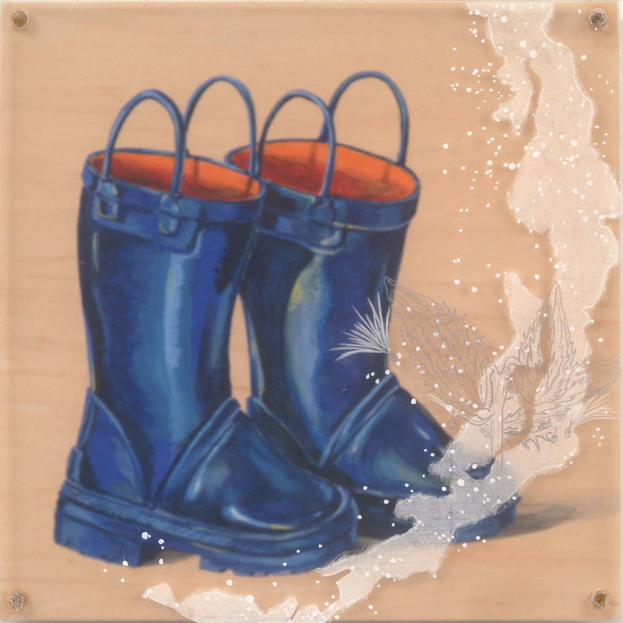   Milky Boots  © 2004 Acrylic, Collage, Colored Pencil on Acrylic and Wood Panel 10" x 10" 