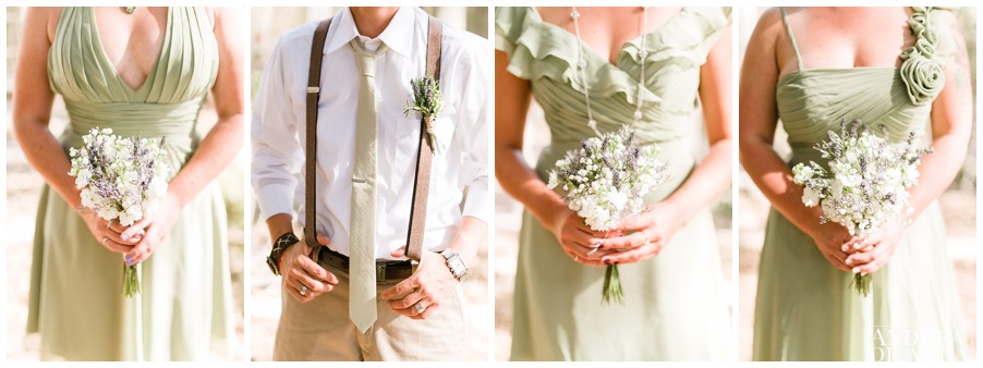 bridesmaids dresses and bouquets with suspenders and boutonniere. wedding details.