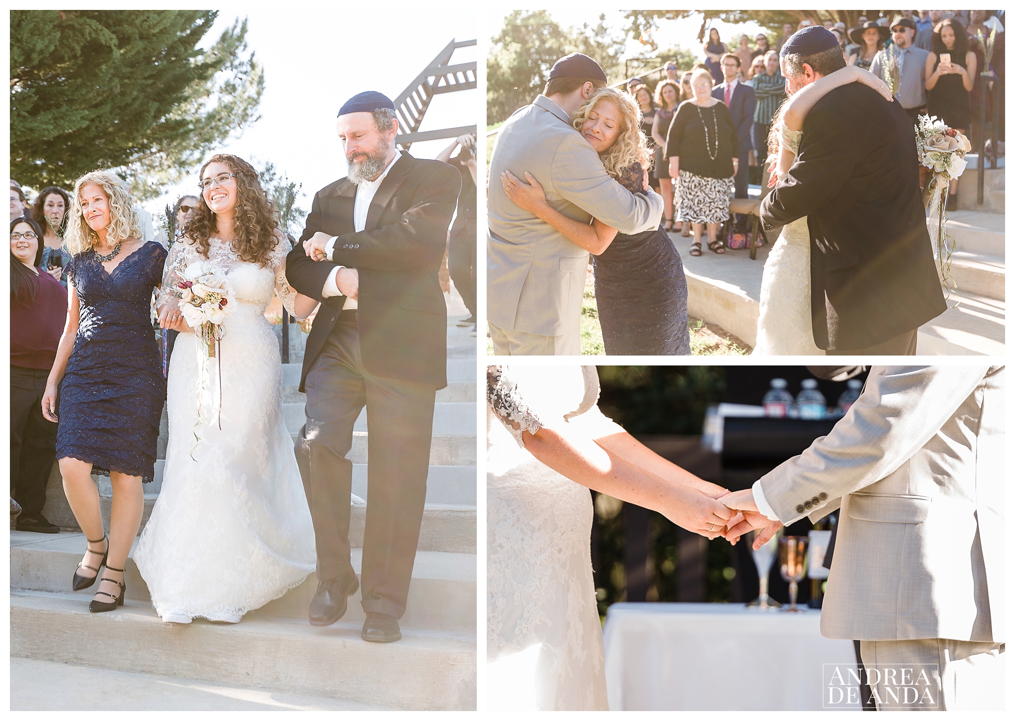 Father and mother of the bride giving away his daughter. They were bathing in sunlight !
