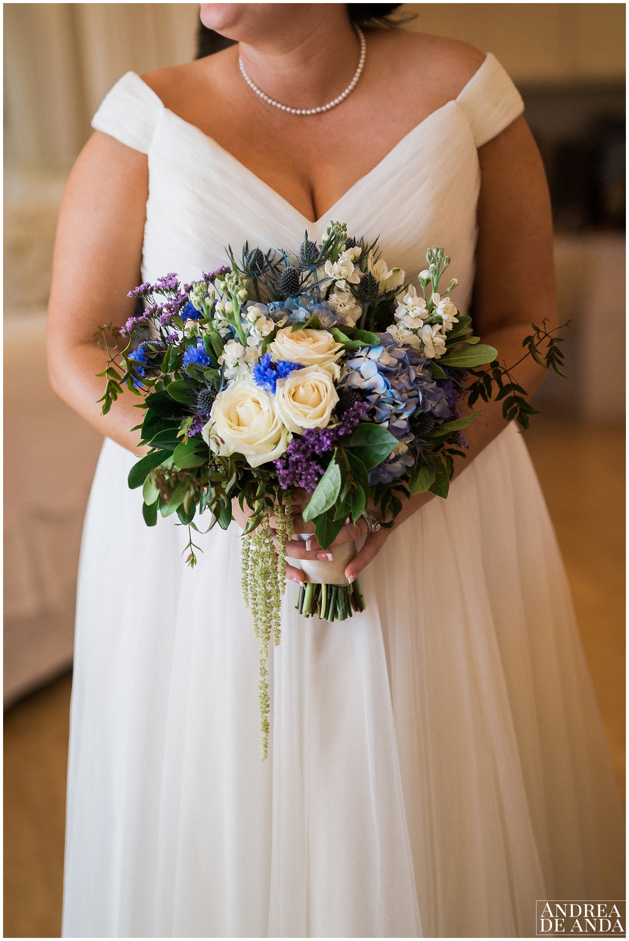 This dream bouquet with blue, green and a hint of purple is so chic. made by Flowers to you by Jessica , inhouse designer of the gardens at Peacock Farms . 