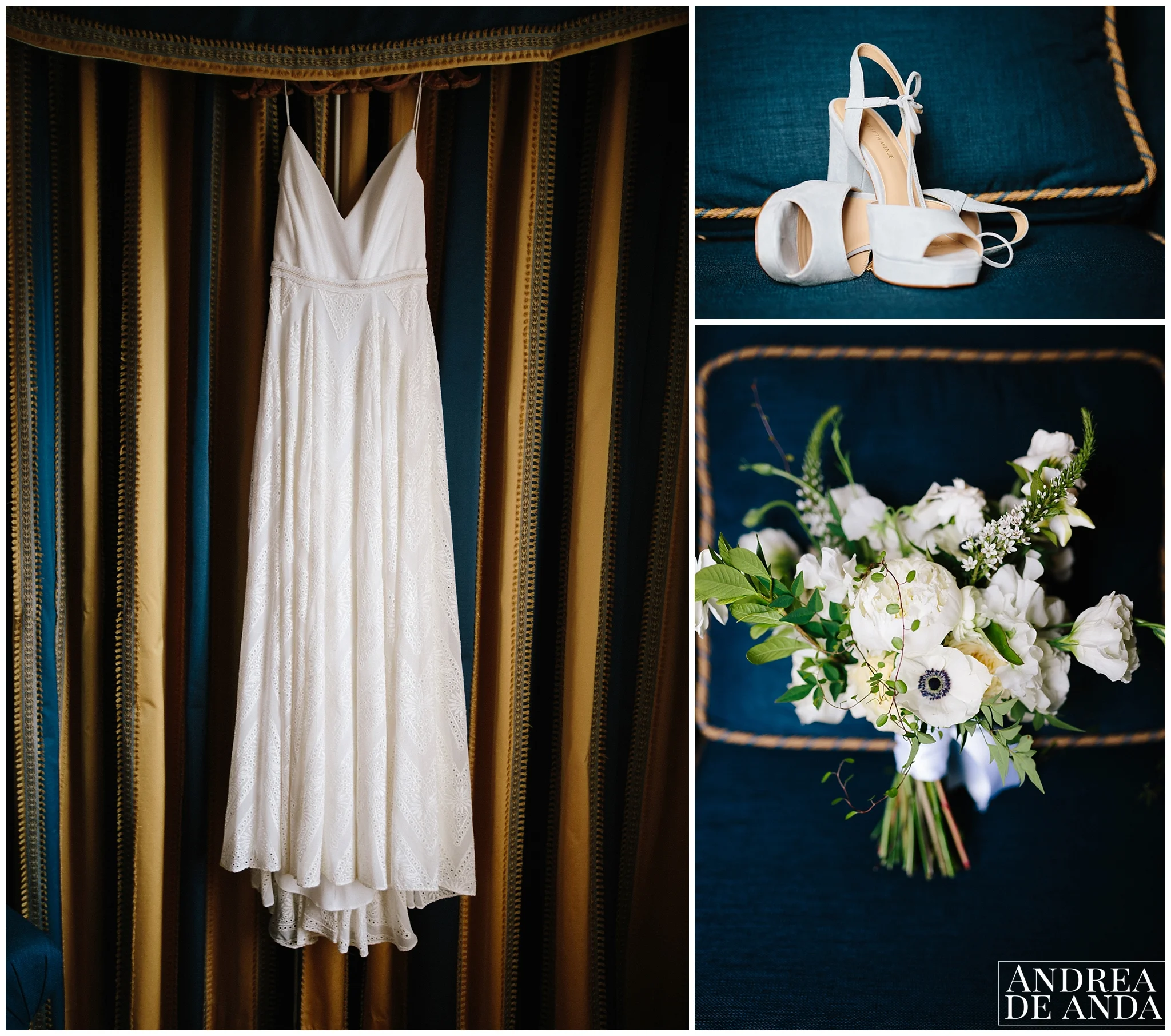 wedding dress, wedding shoes and bouquet with a beautiful navy blue color scheme