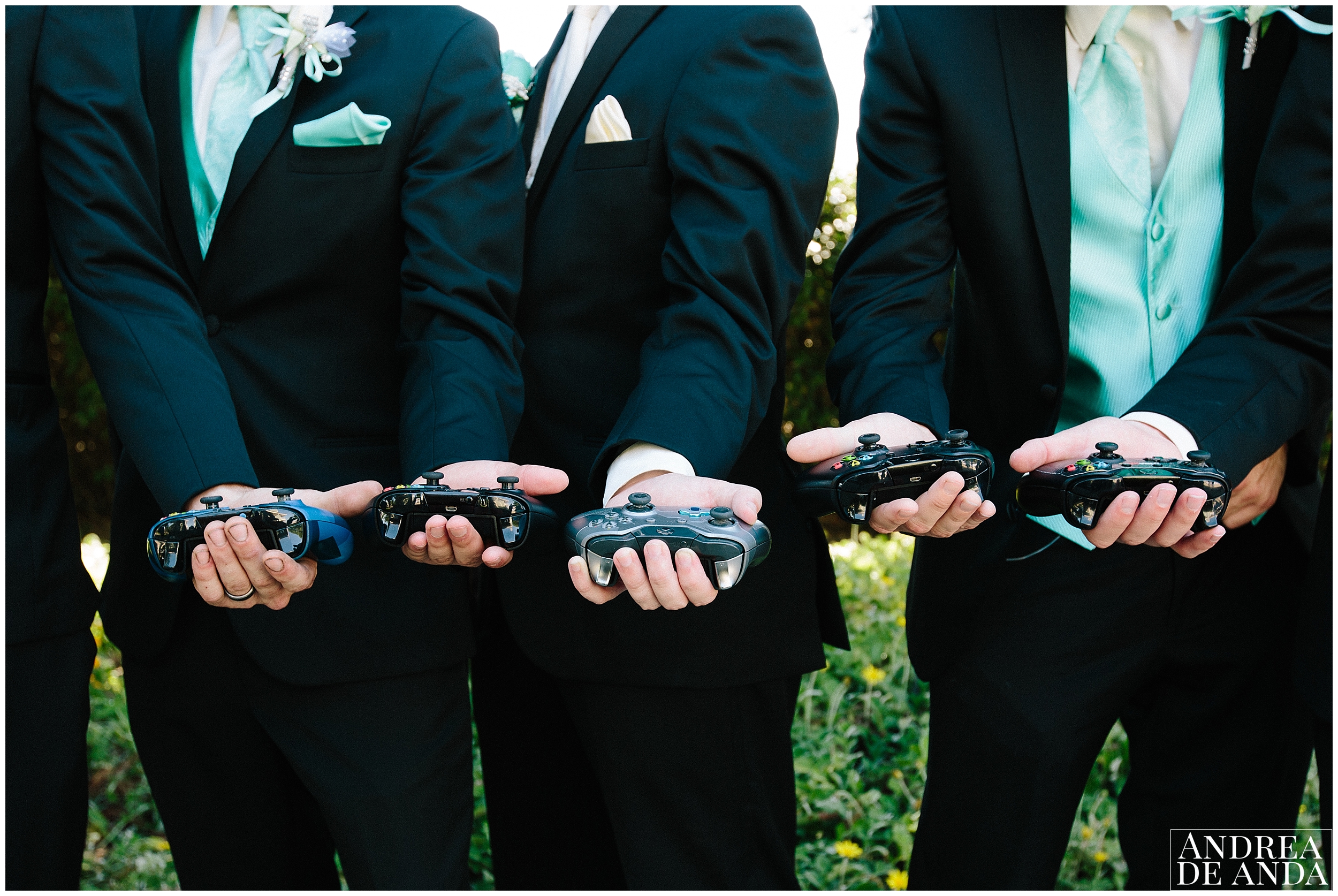 Groom and Groomsmen with XboX controllers for their session togeher
