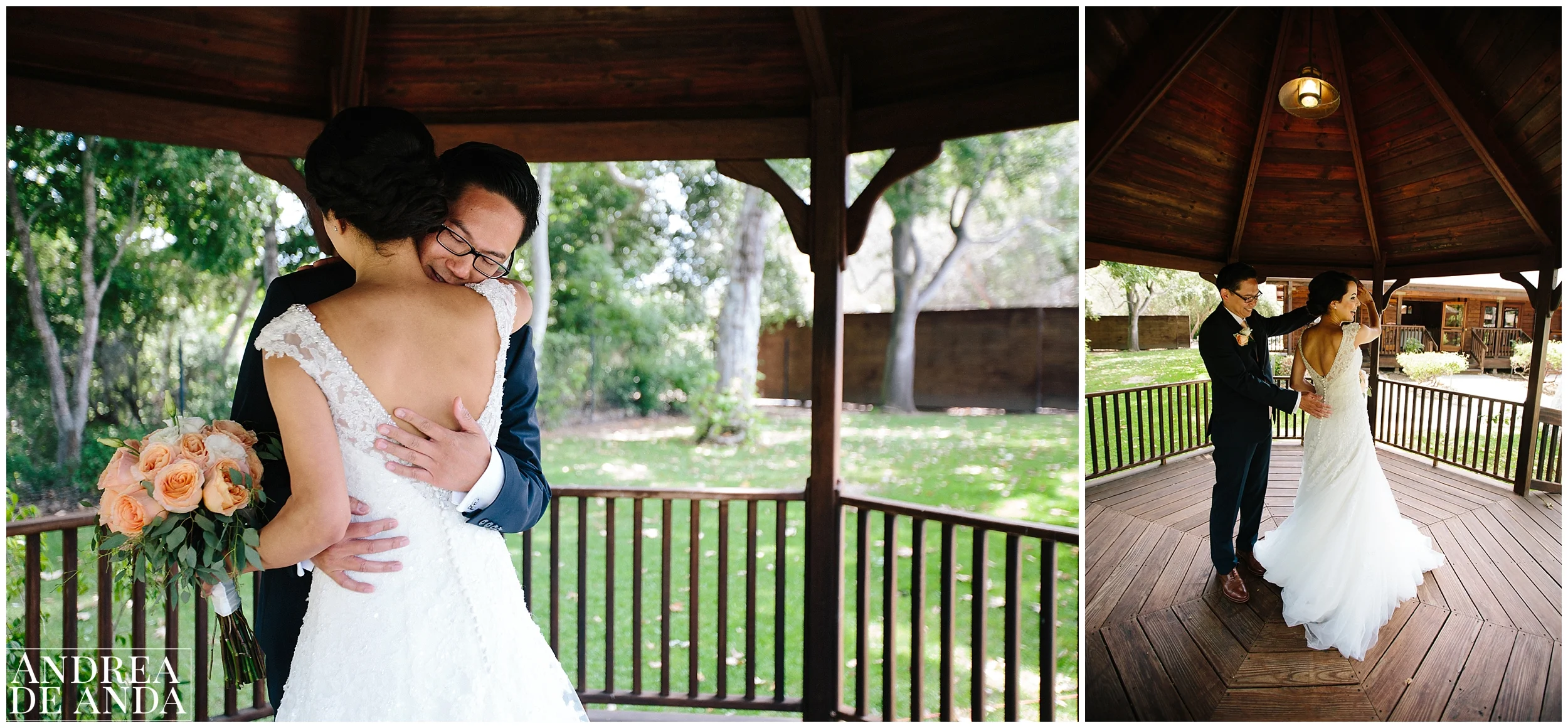Bride and Groom's First Look at the gazebo in Lion's park Carpinteria