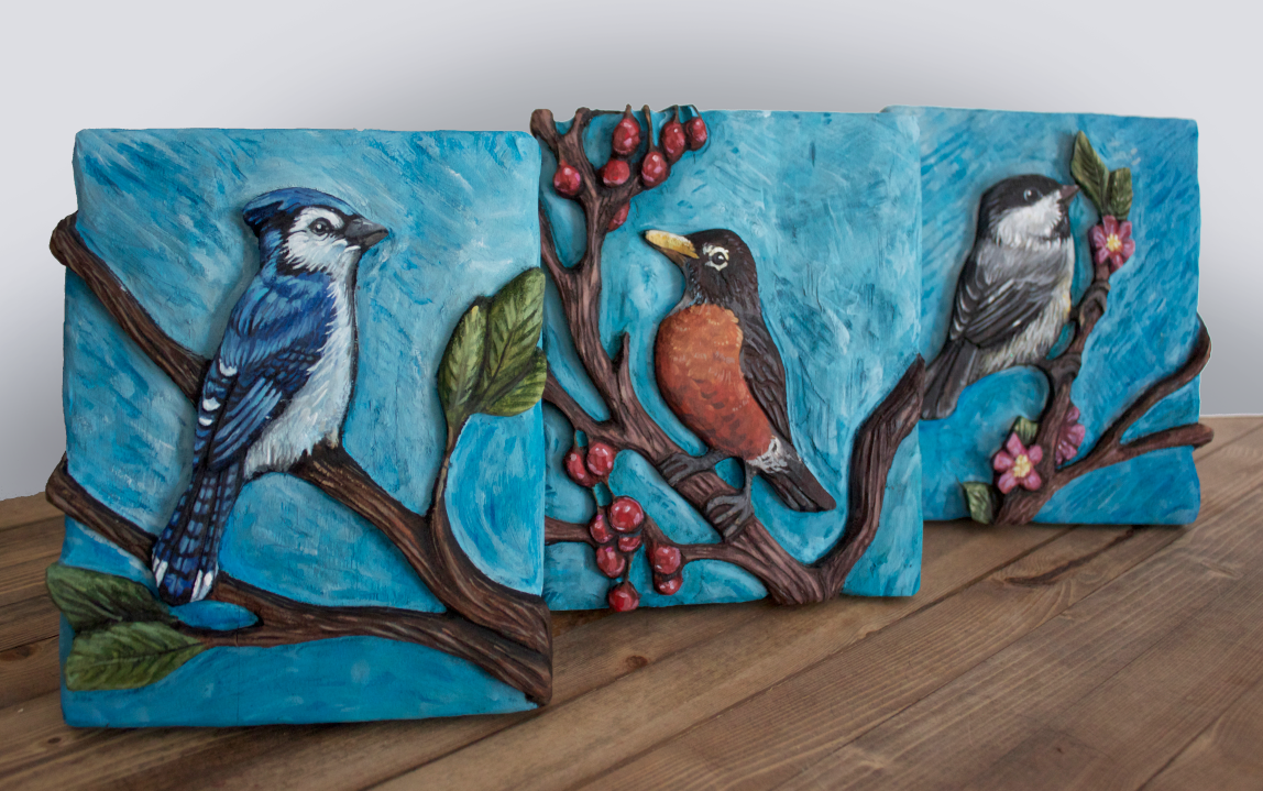 Birds (Chickadee, Blue Jay & Robin) - SOLD