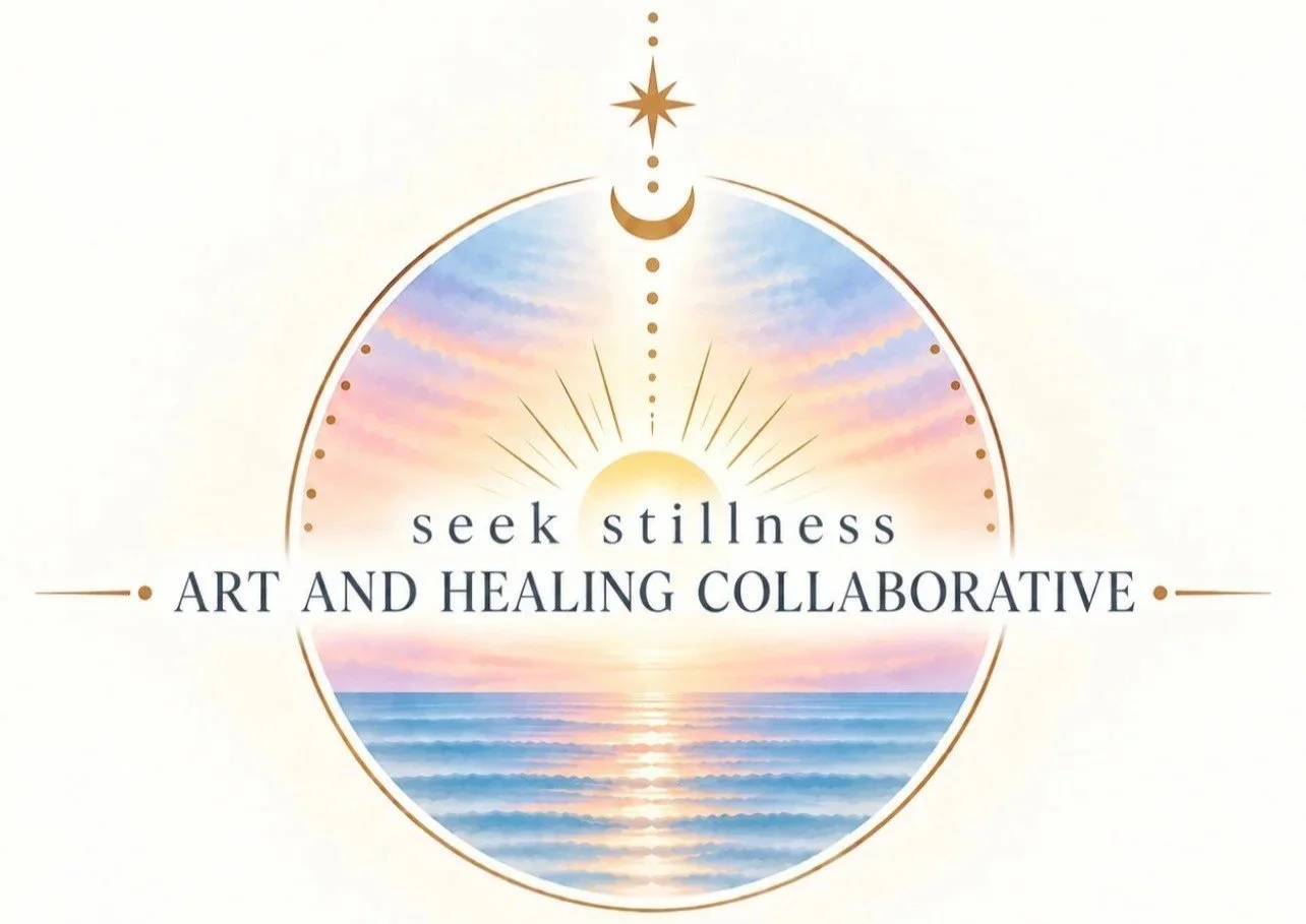 Sunrise over the ocean with pastel colors, moon and star symbols above, and text 'seek stillness ART AND HEALING COLLABORATIVE' centered.