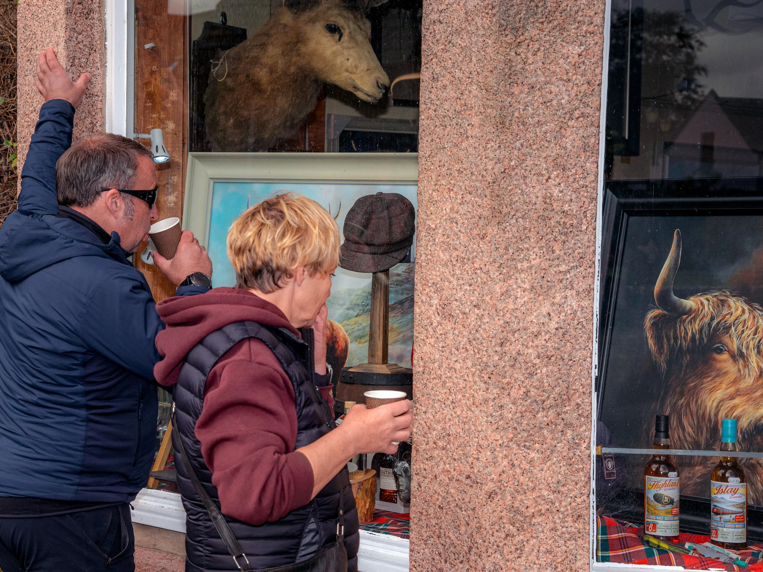 Visitors with hot drinks look into a shop window displaying a stag's head and a Highland cow painting.