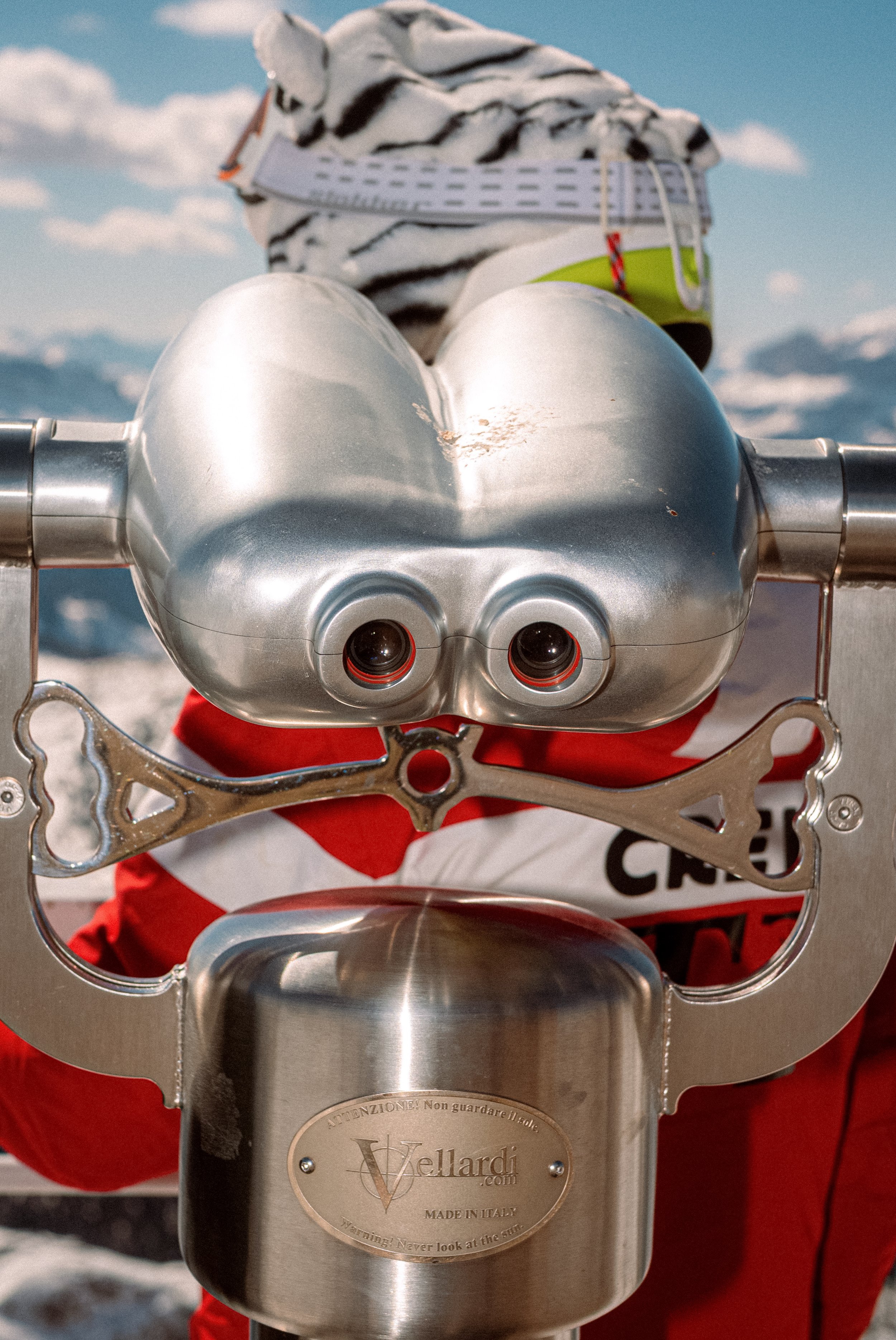 A coin-operated seaside telescope with a sculpted animal head and two large viewing lenses.