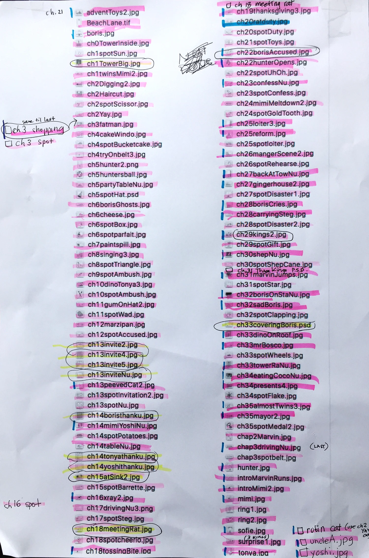 My long list of illustrations. It was so much fun crossing them out one by one as I finished them. Two months ago I could not imagine getting through this list. Isn't all that pink highlighter glorious?
