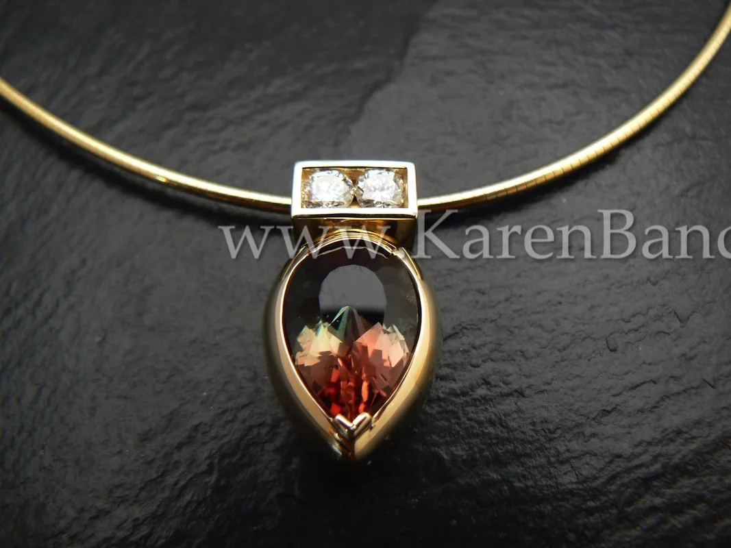 Oregon Sunstone, rare tricolor with diamonds and 14k yellow gold
