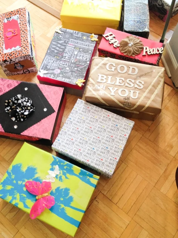 A few of the 50+ decorated shoeboxes the ladies helped make. 