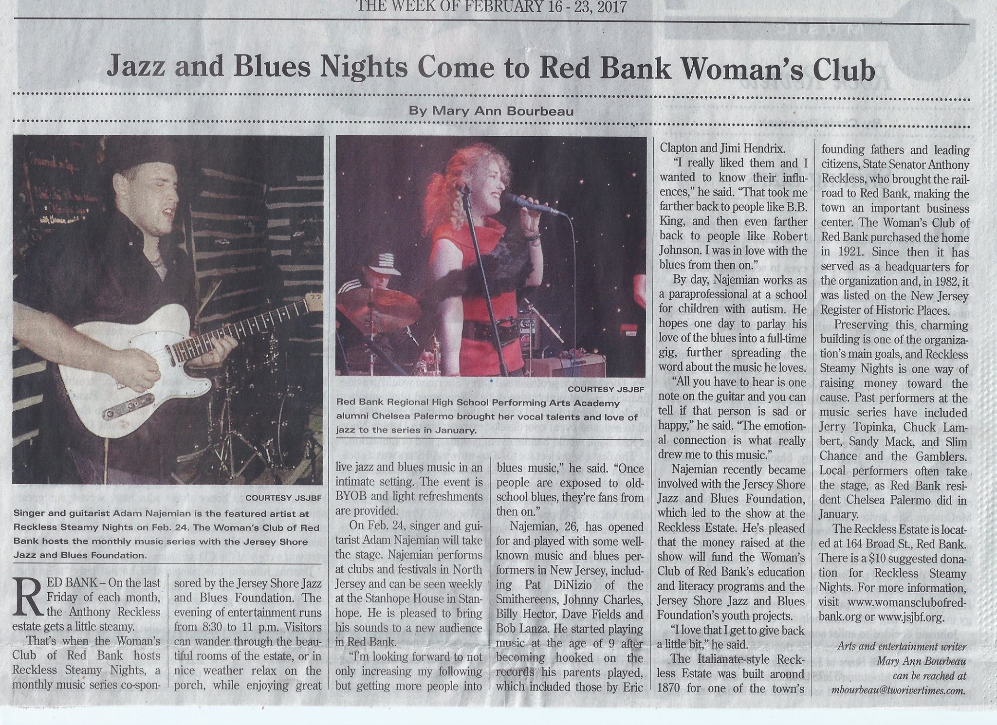 Adam was featured in the Two River Times on February 23rd, 2017, in advance of his performance at the Reckless Estate in Red Bank, NJ.