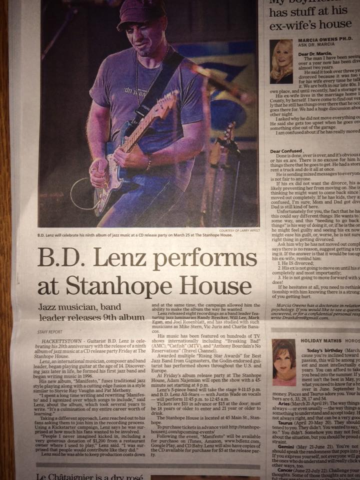 Mentioned in The Daily Record for opening BD Lenz's CD release party at the legendary Stanhope House.