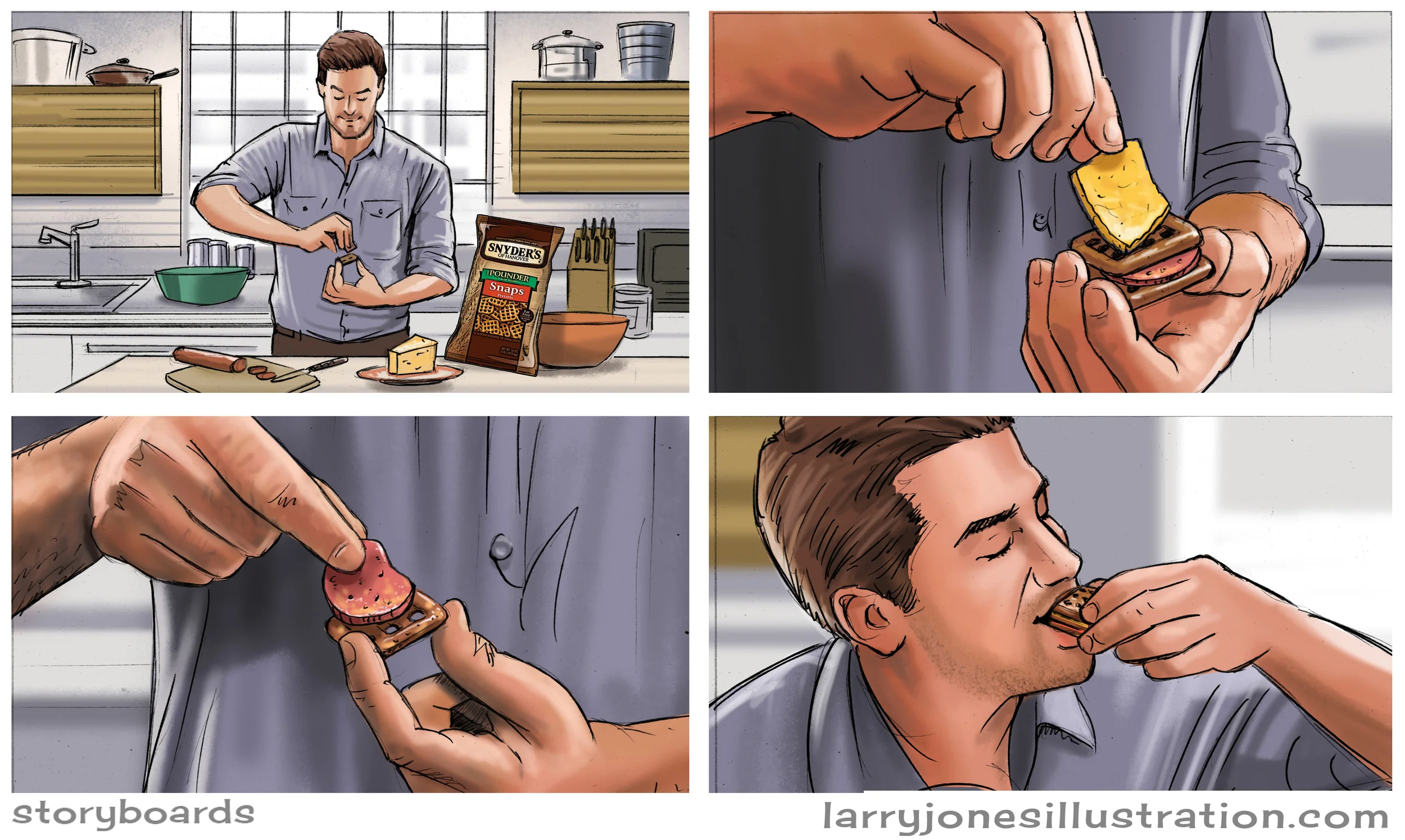 Snyders Pretzels Storyboard Frames