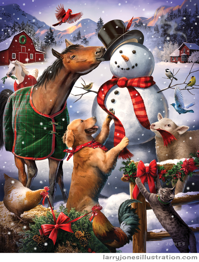 Christmas Barn Animals Building a Snowman