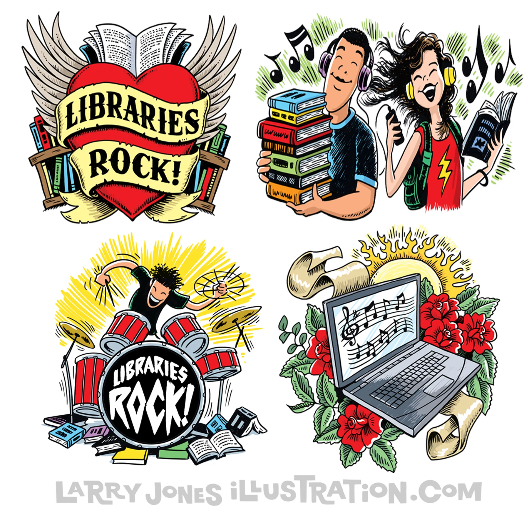 "LIbraries Rock!" Posters and Spots — Larry Jones Illustration
