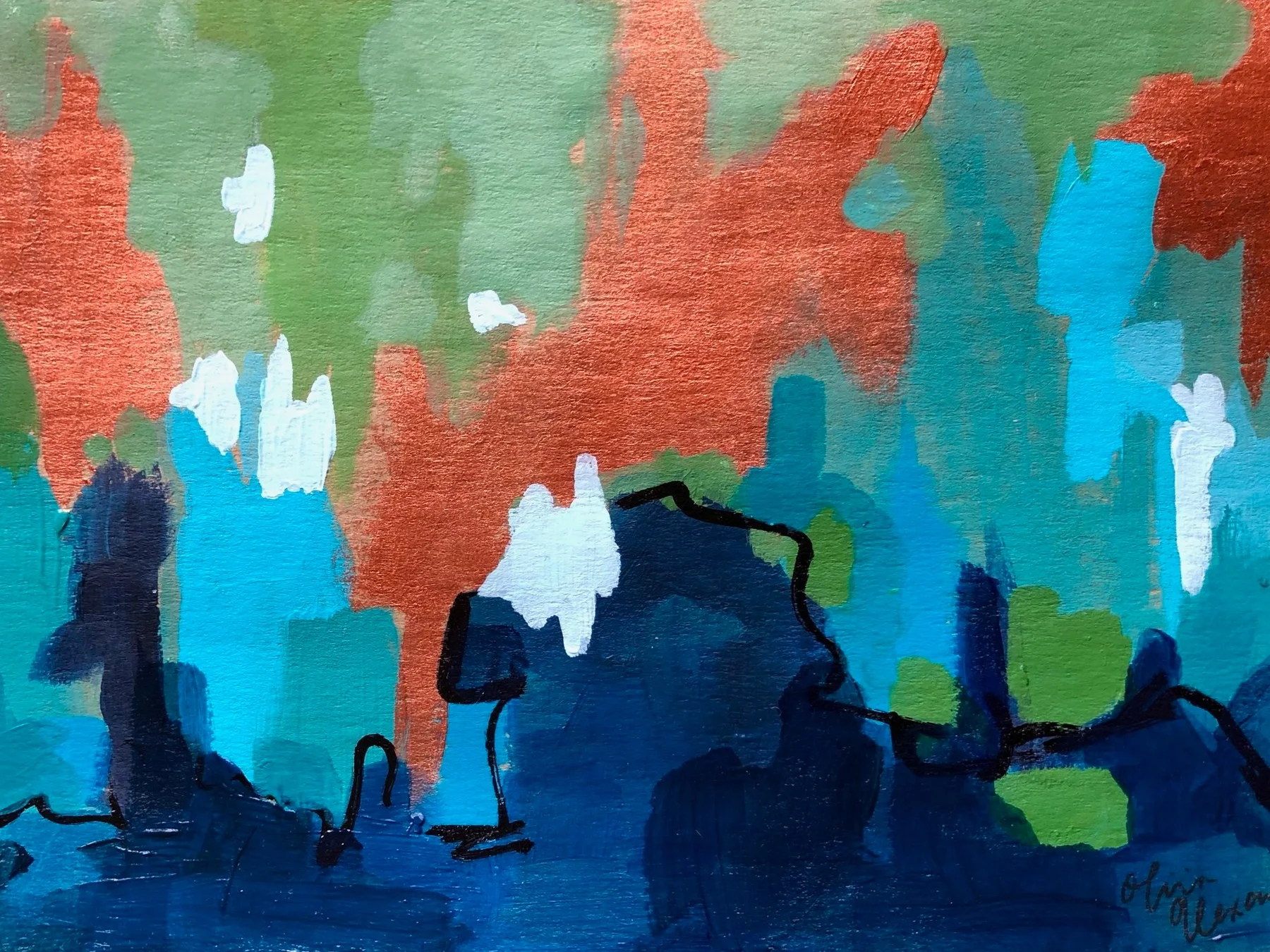 Copper, navy, green paper painting