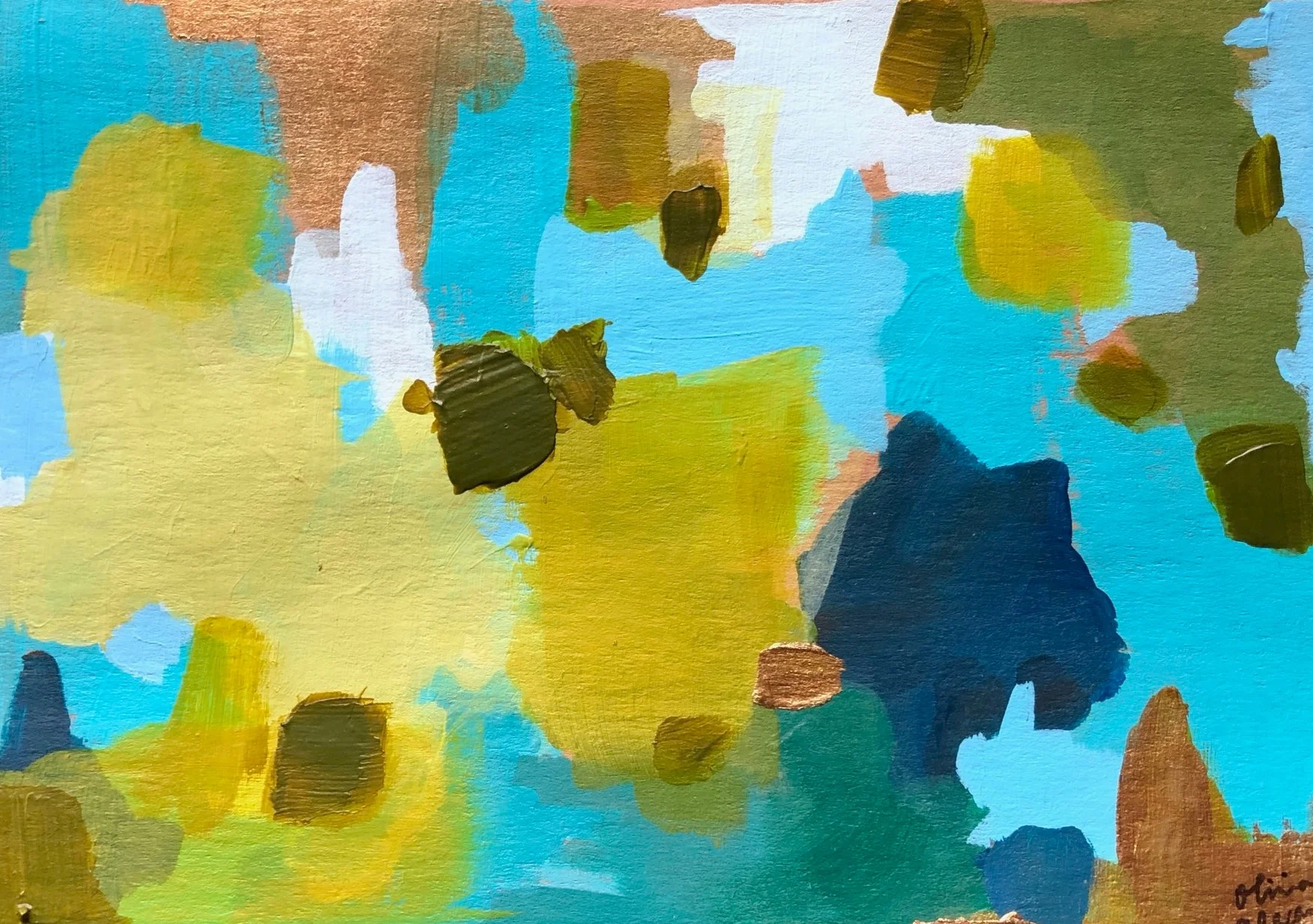 Lime green/blues paper painting