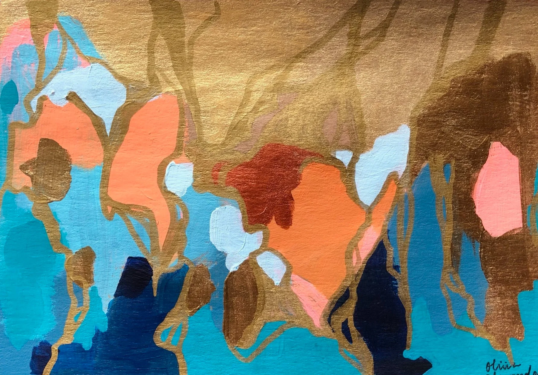 Tangerine, teal, gold paper painting