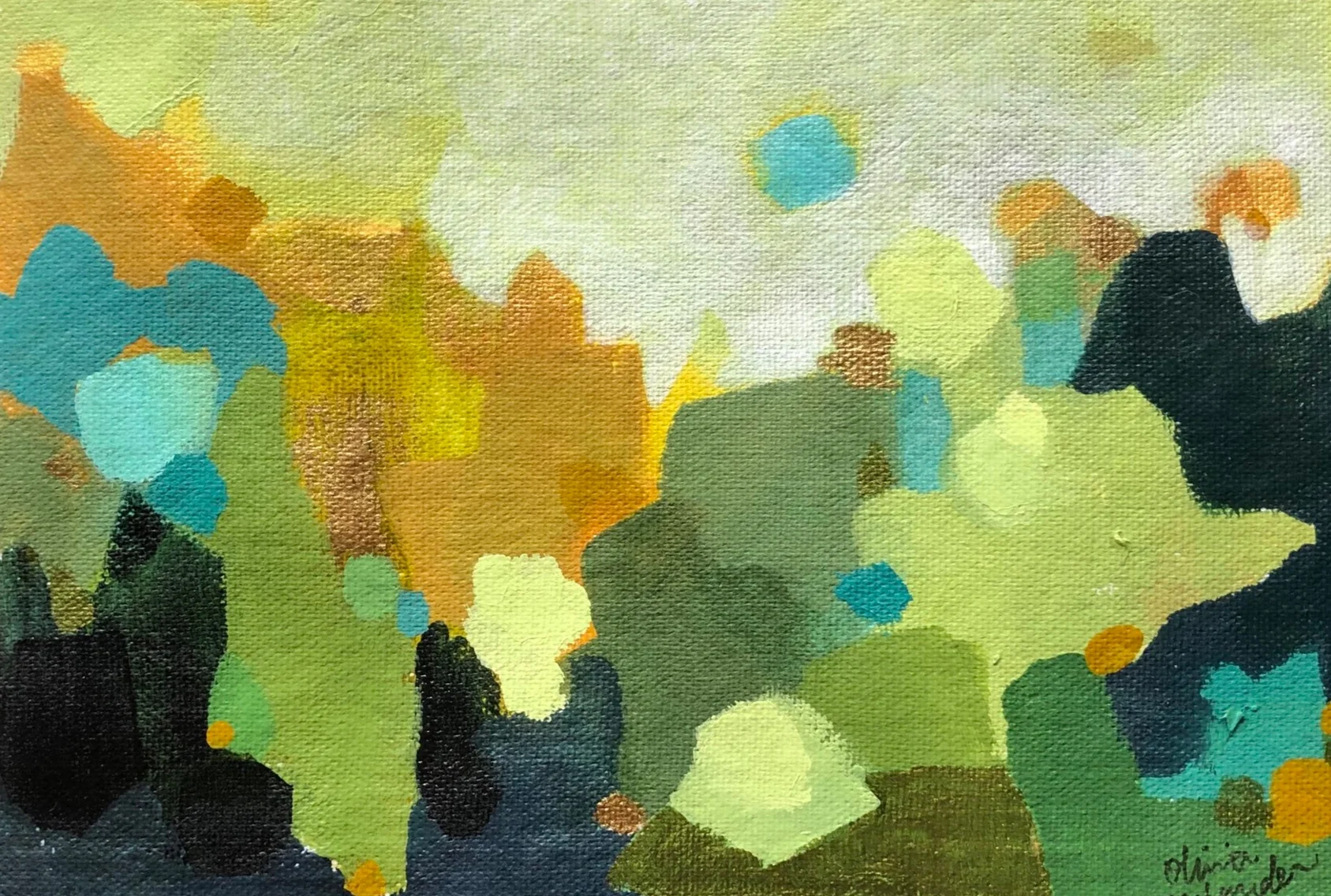 Metallic green, gold, and teal paper painting