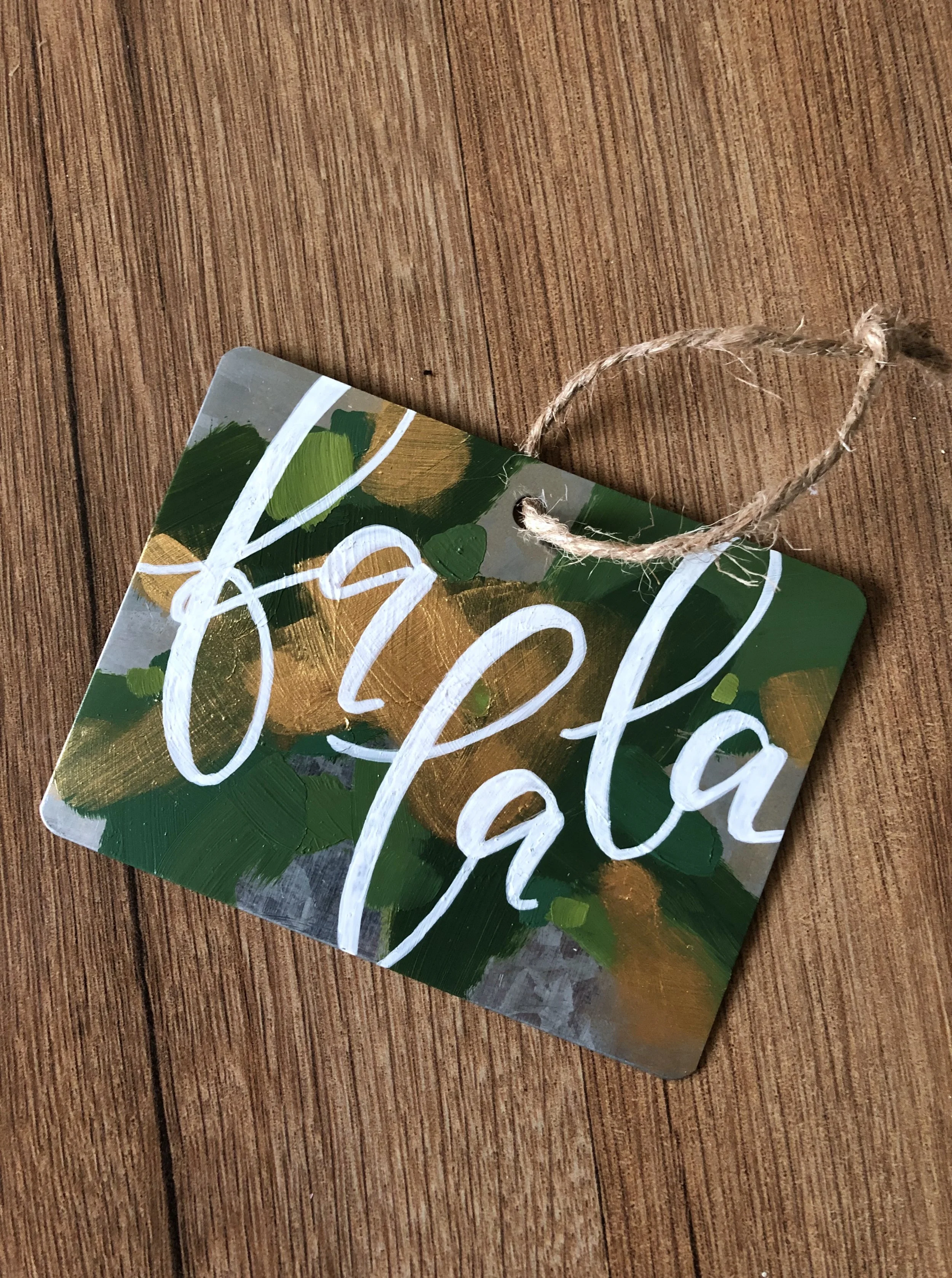 Metal Ornament - "Fa La La" - Rectangle - Greens and Golds