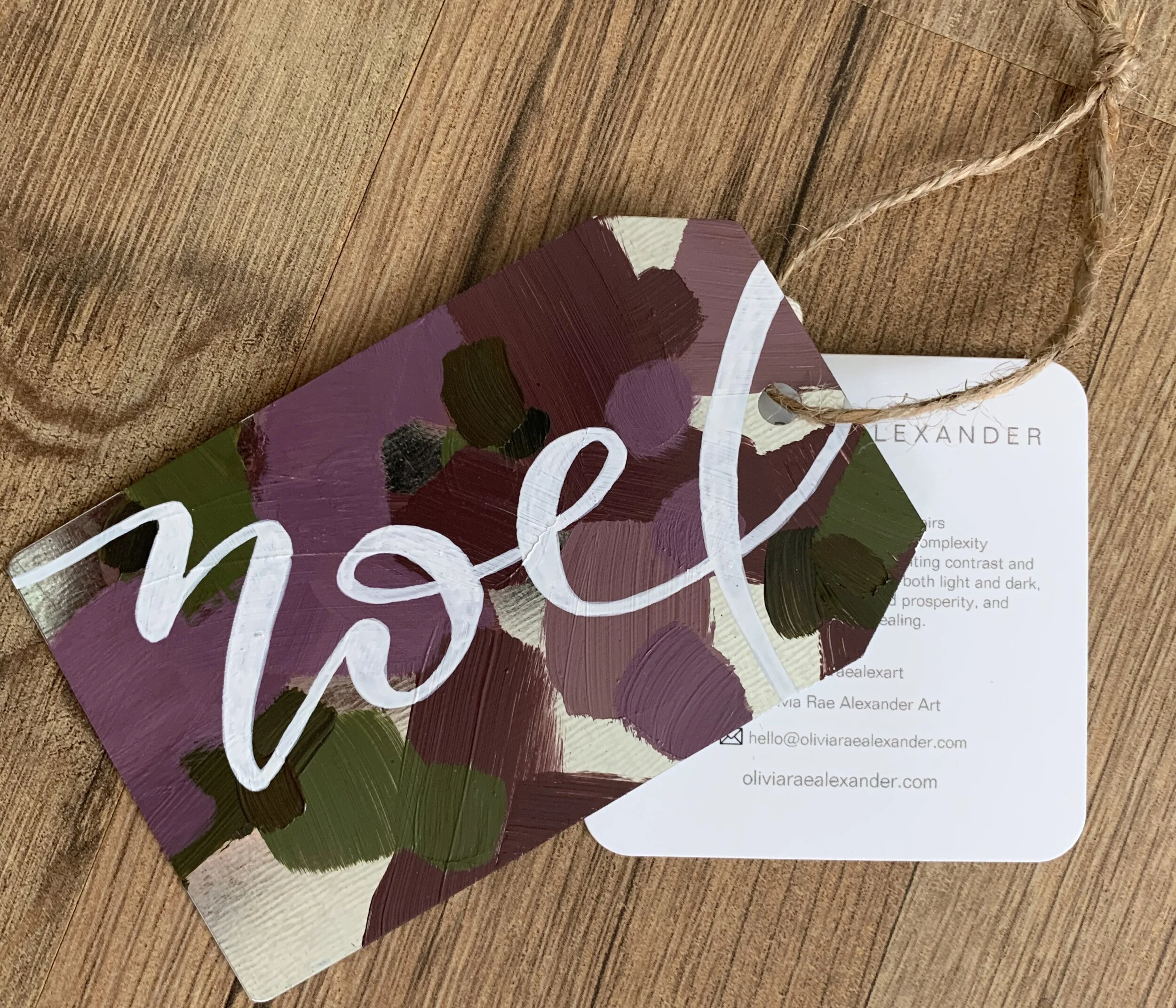 Metal Ornament - "Noel" - Gift Tag Shape - Burgundies and Greens