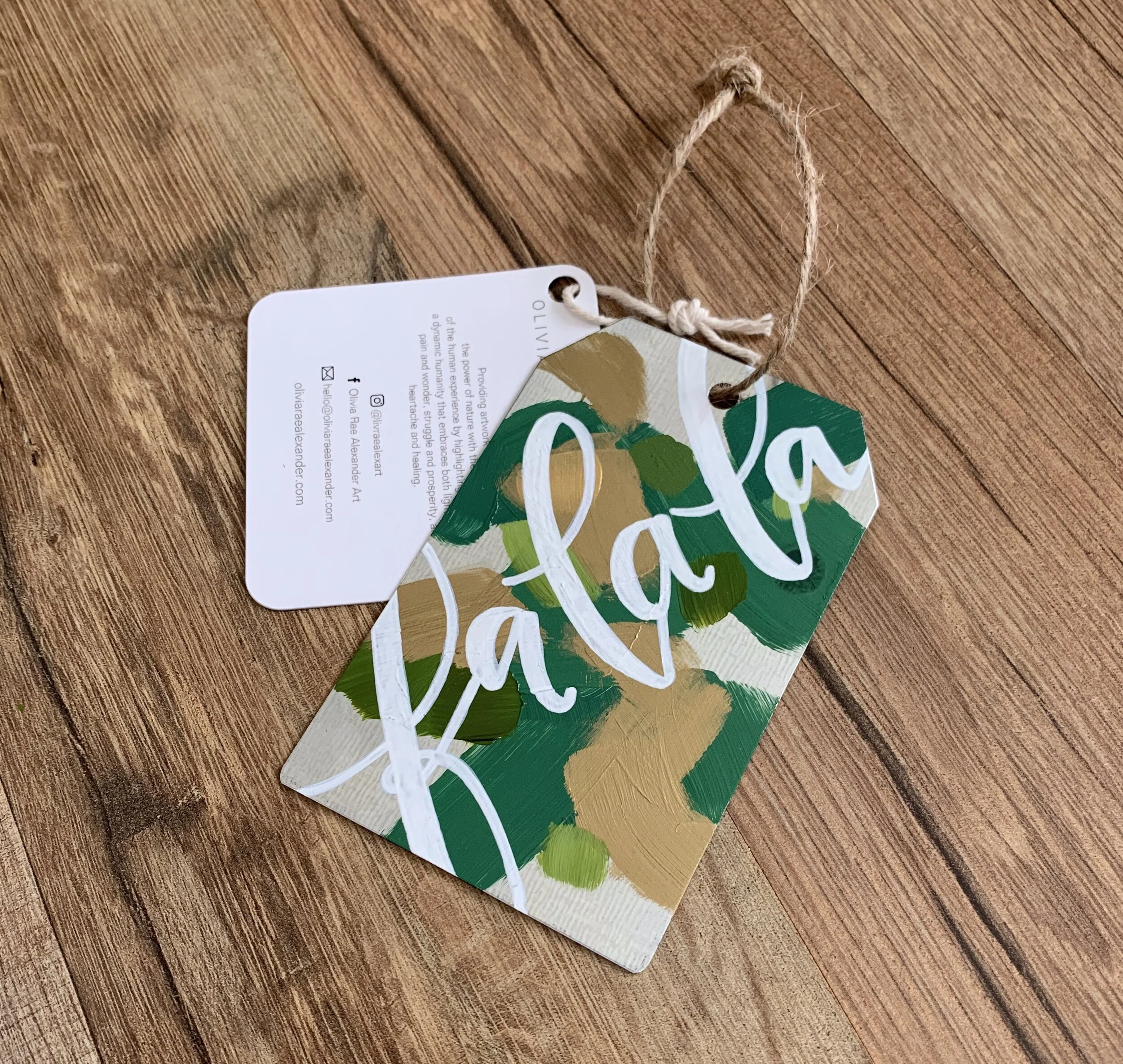 Metal Ornament - "Fa La La" - Gift Tag Shape - Greens and Golds