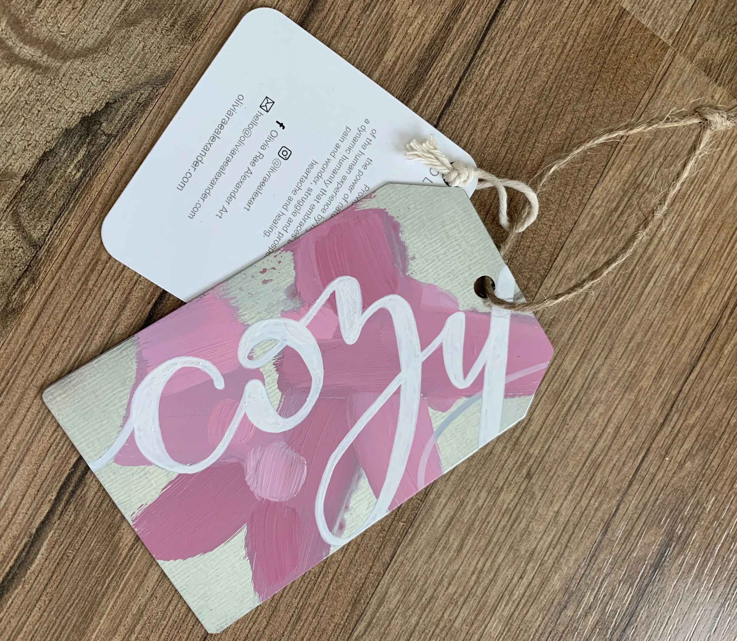 Metal Ornament - "Cozy" - Gift Tag Shape - Pinks