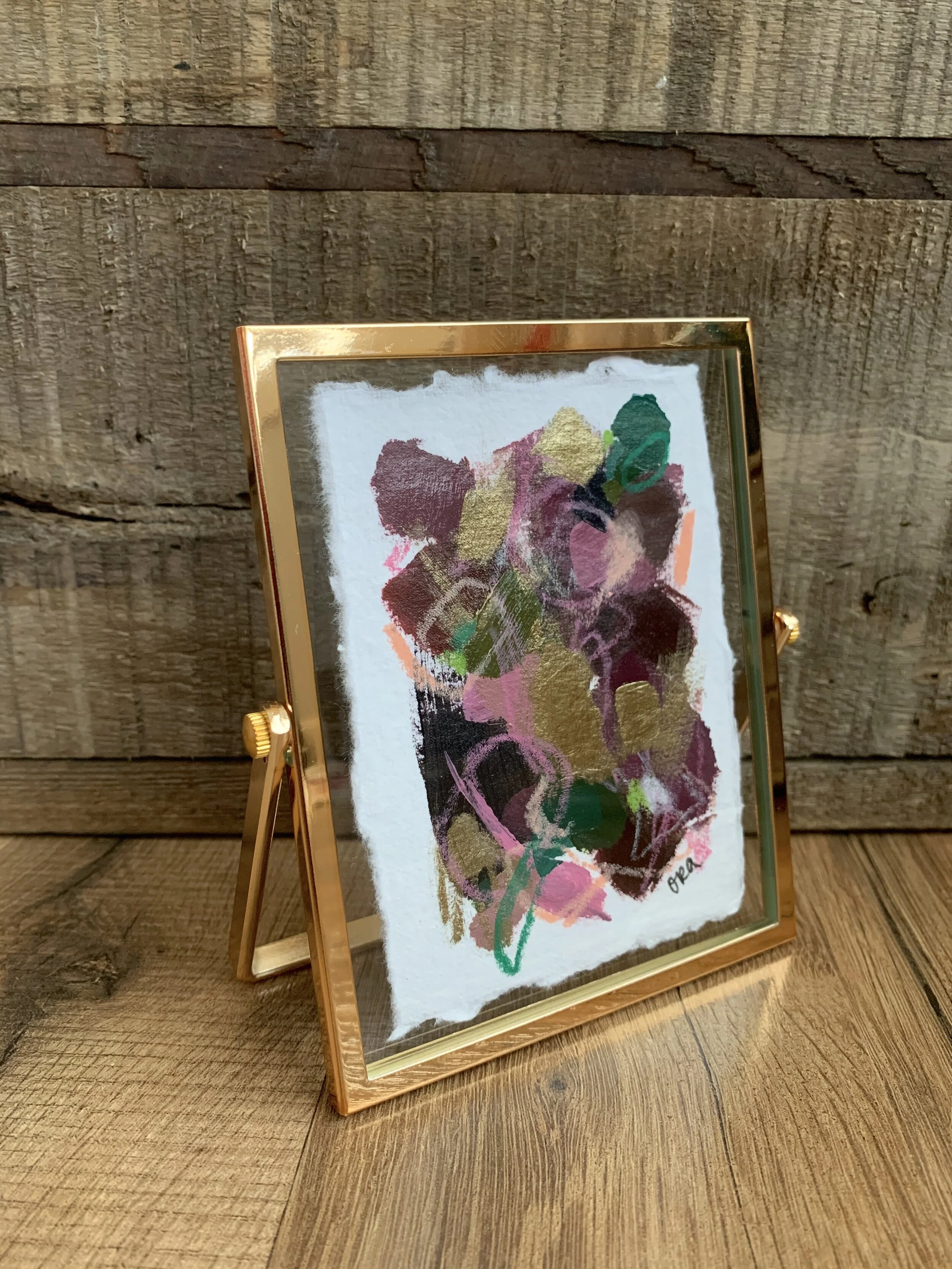 Mini Paper Painting - Gold Float Frame - Burgundies and Golds