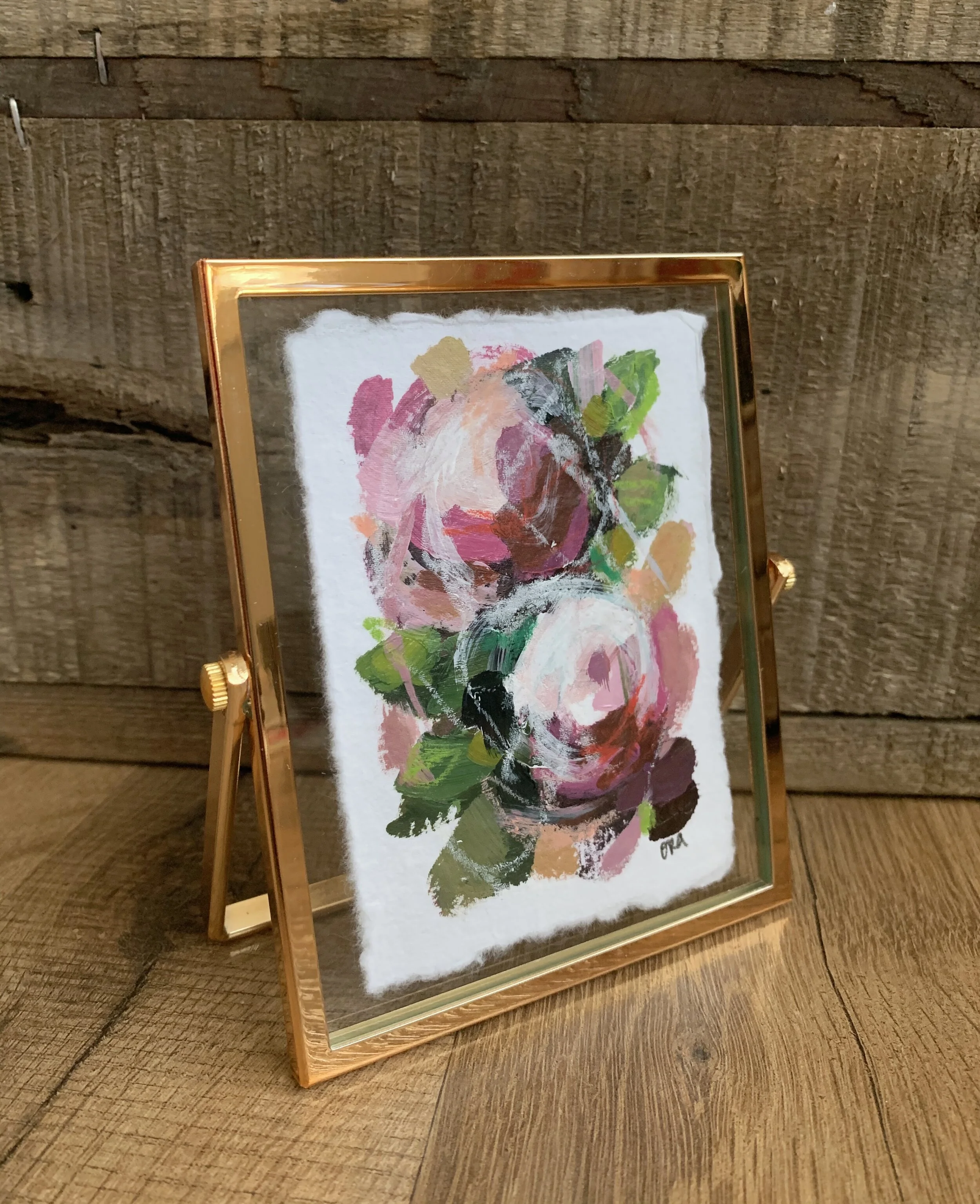 Mini Paper Painting - Gold Float Frame - Pink Floral 2