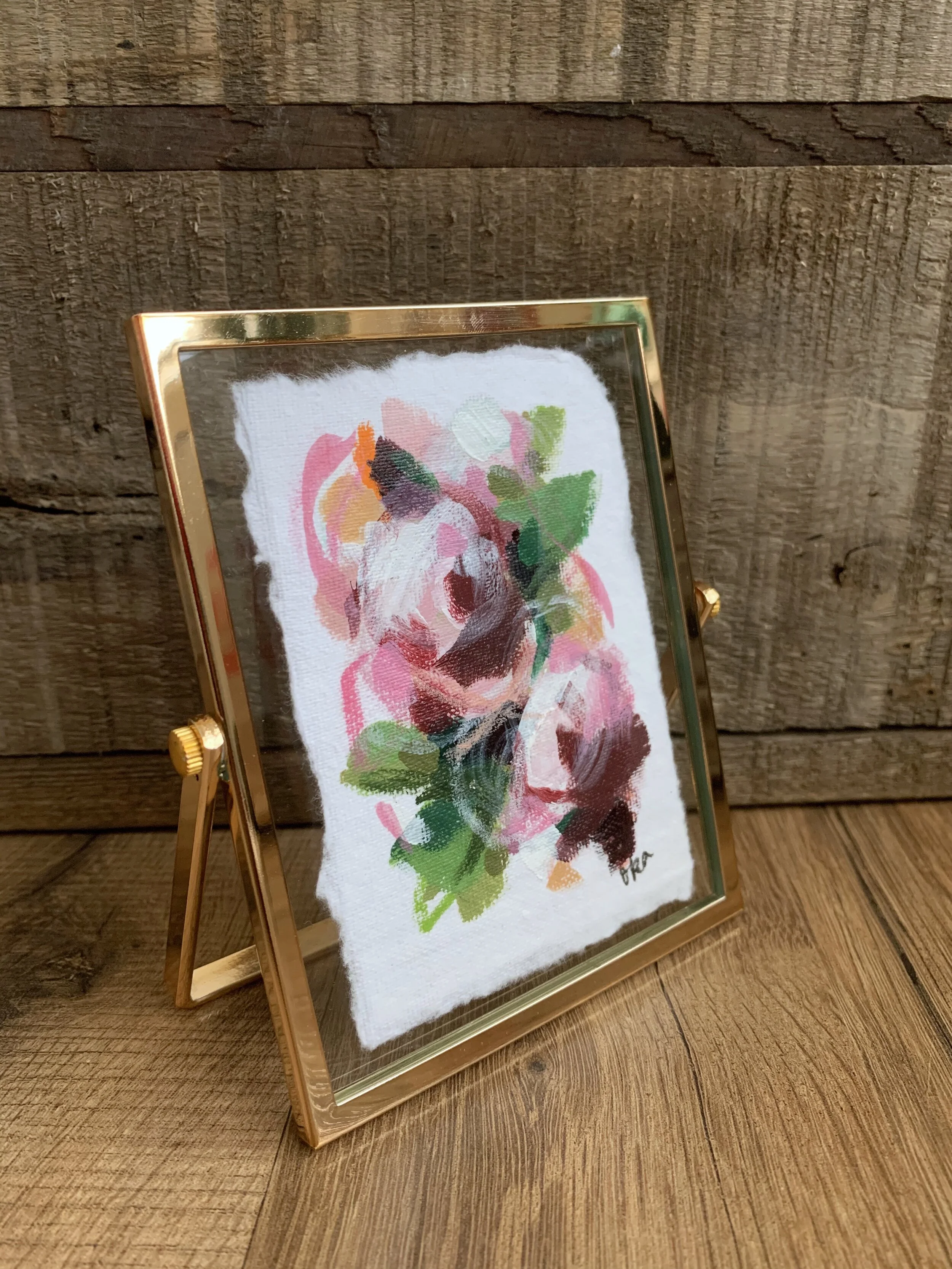 Mini Paper Painting - Gold Float Frame - Pink Floral 2