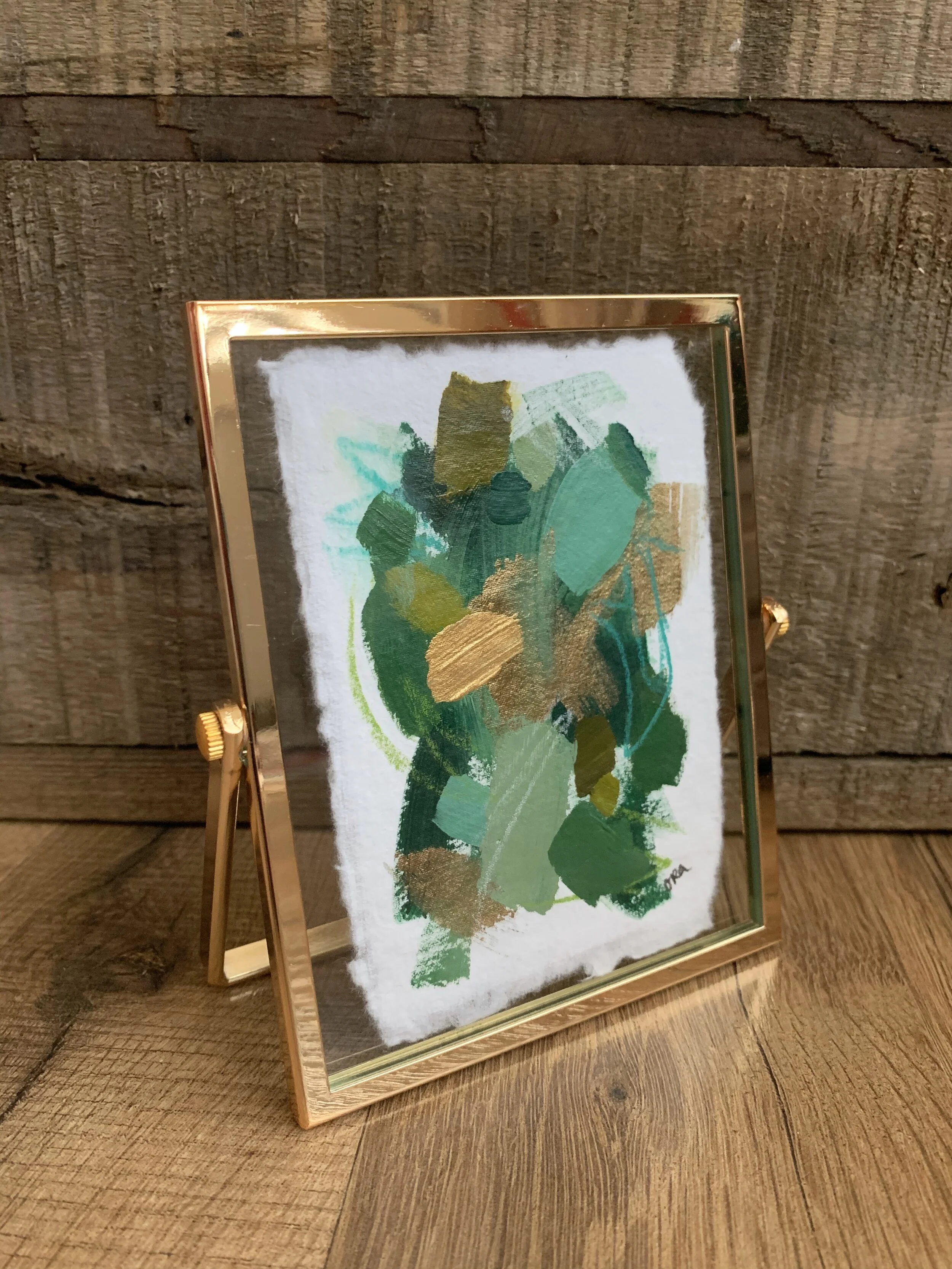 Mini Paper Painting - Gold Float Frame - Greens and Golds