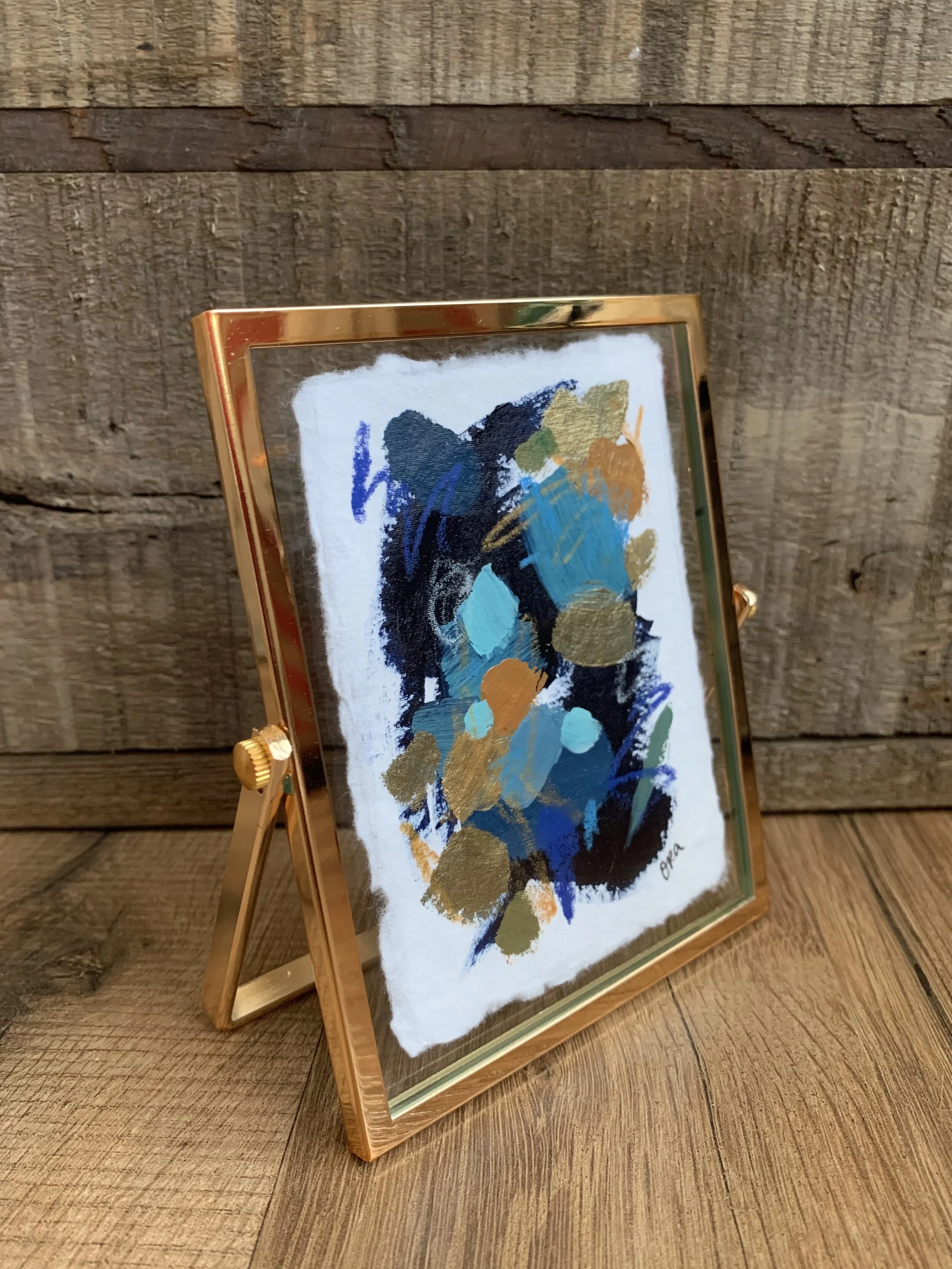 Mini Paper Painting - Gold Float Frame - Navies, Golds, and Orange