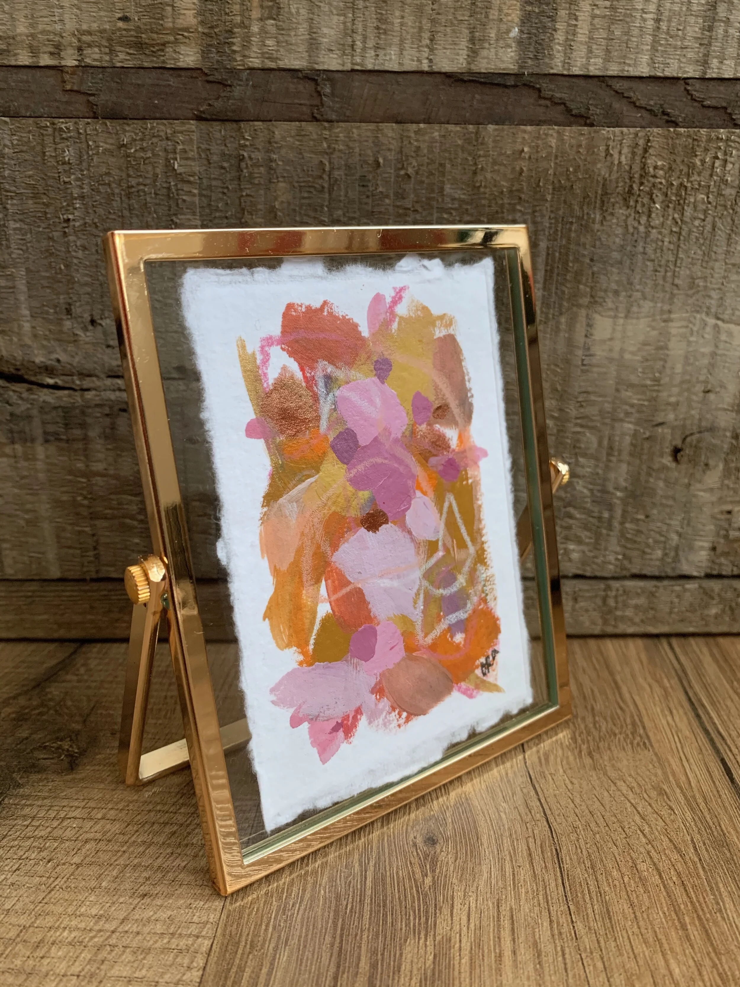 Mini Paper Painting - Gold Float Frame - Oranges and Pinks