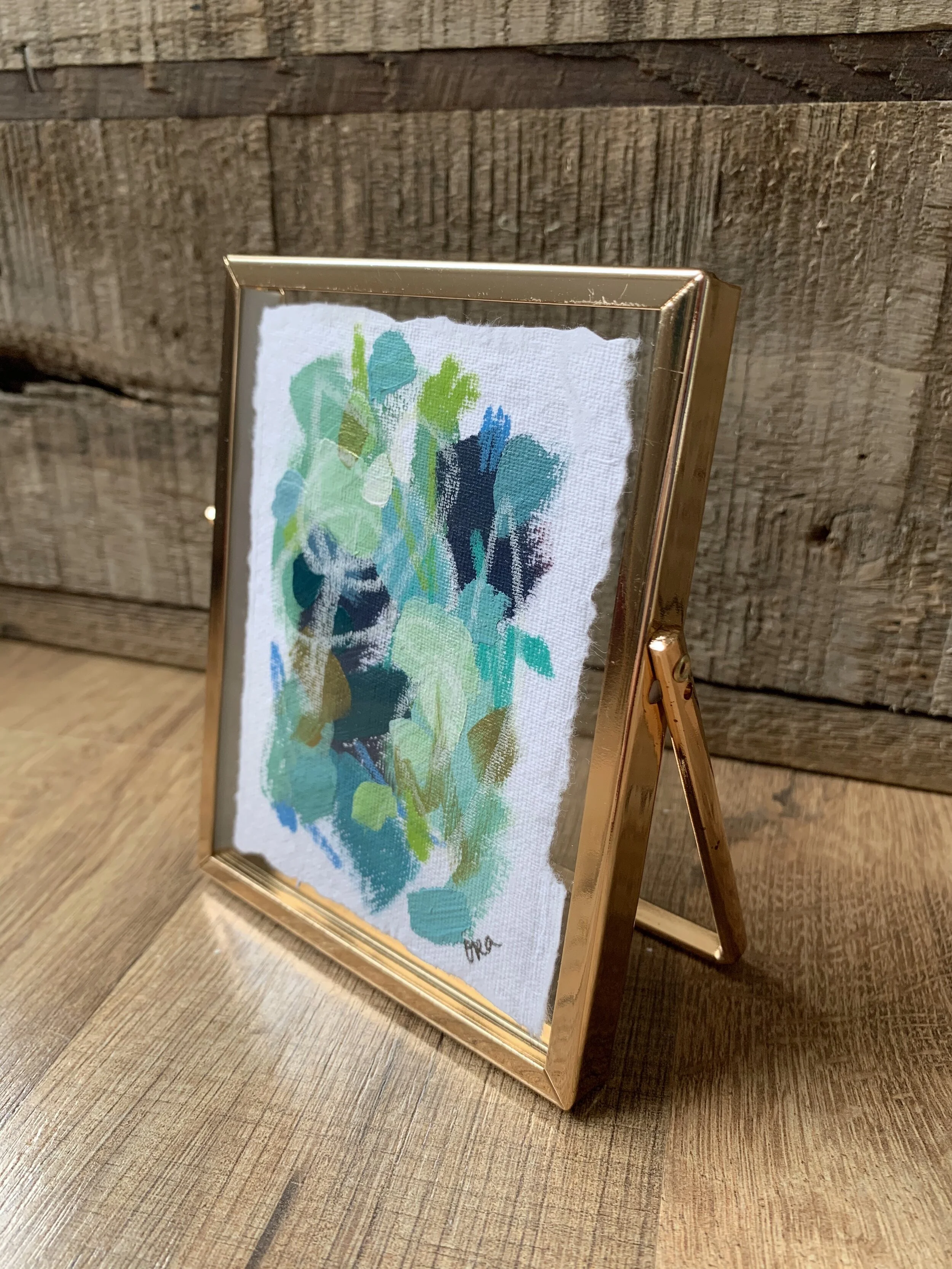 Mini Paper Painting - Gold Float Frame - Teals and Blues