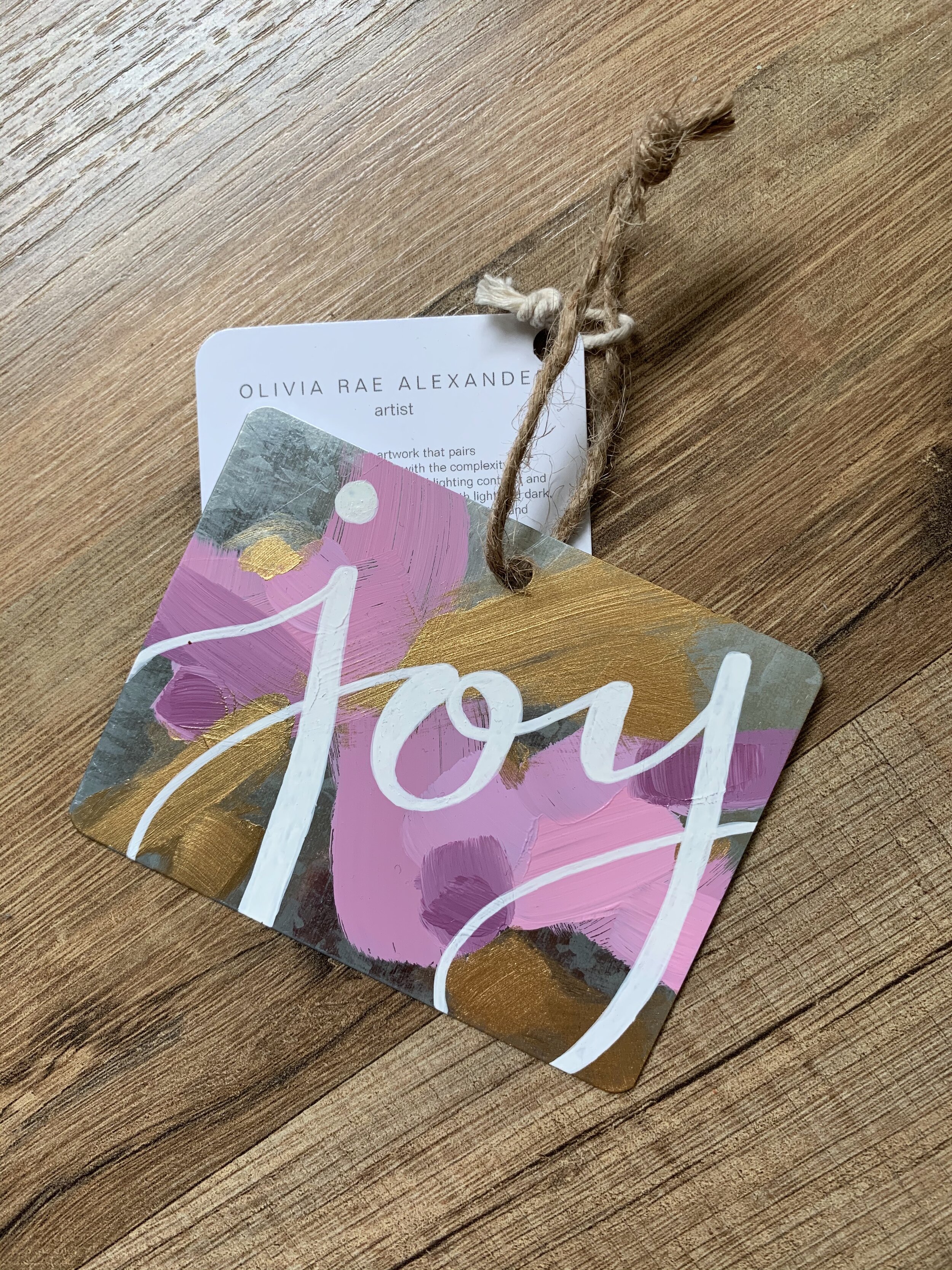 Metal Ornament - "Joy" - Rectangle - Pinks and Golds