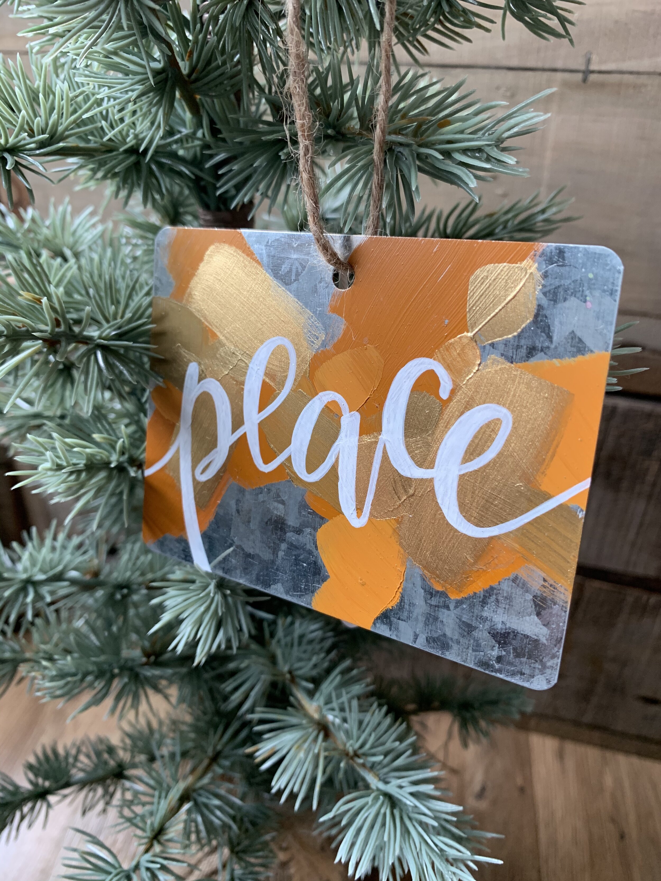 Metal Ornament - "Peace" - Rectangle - Oranges and Golds